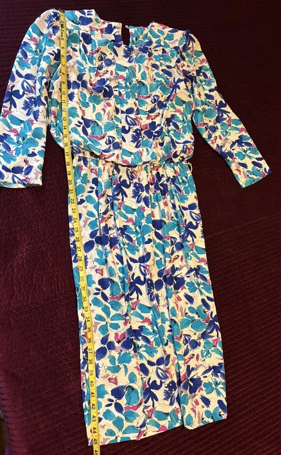 Vintage Lucy Pellini Blue Turquoise White Floral Print Blouson Dress S Vtg 5/6