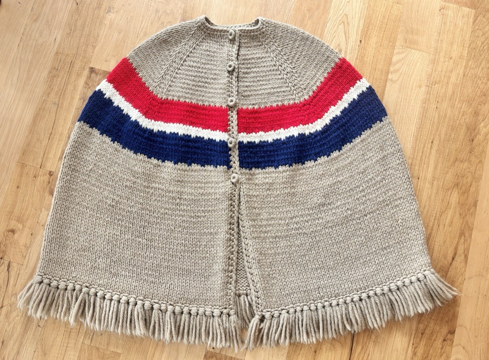 Vintage Handmade Chunky Knit Poncho Cape Blanket Sweater Boho Hippie Fringe