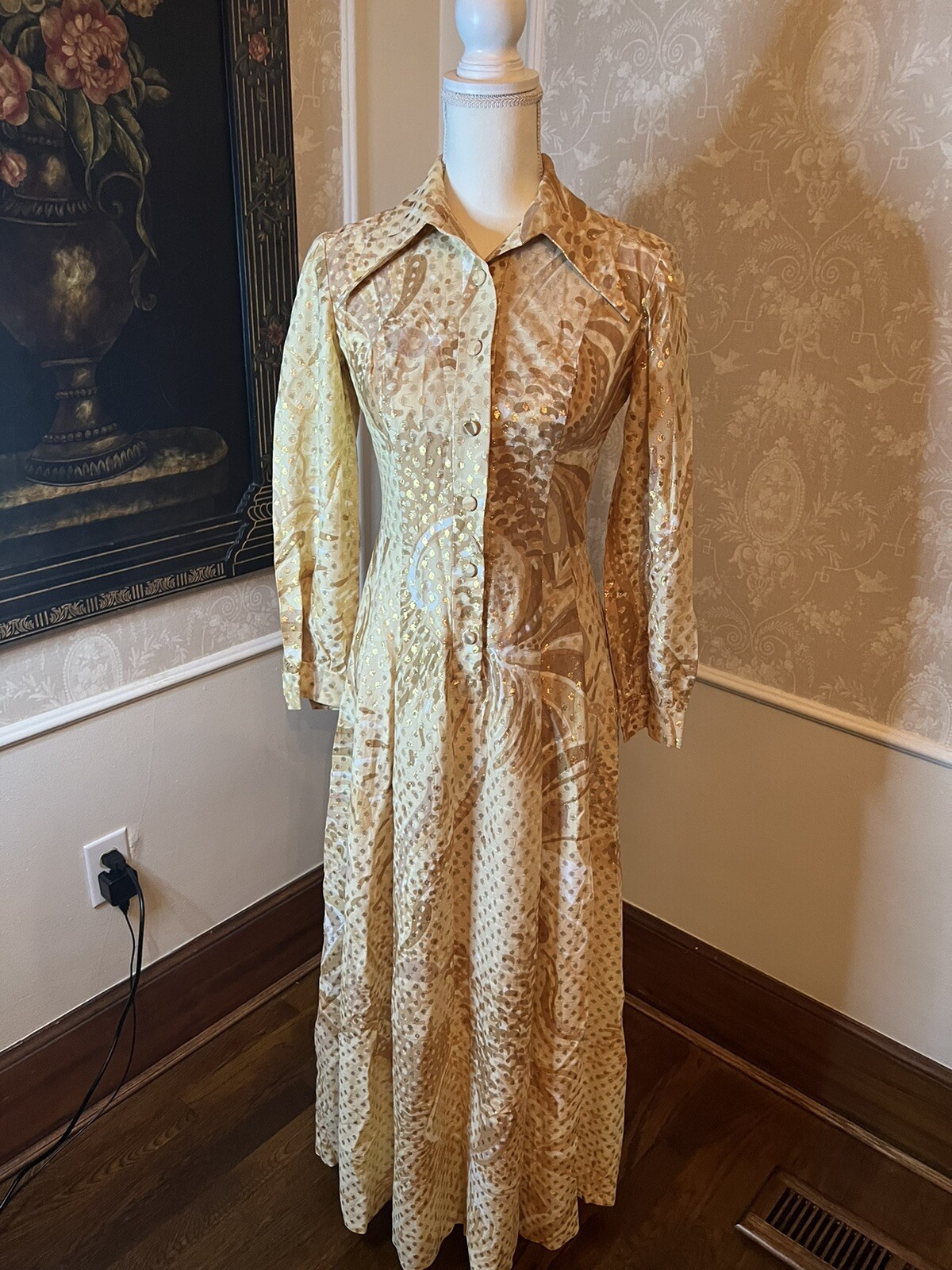 Vintage 70s Nancy Greer New York Metallic Print Party Dress Hostess Long Collar