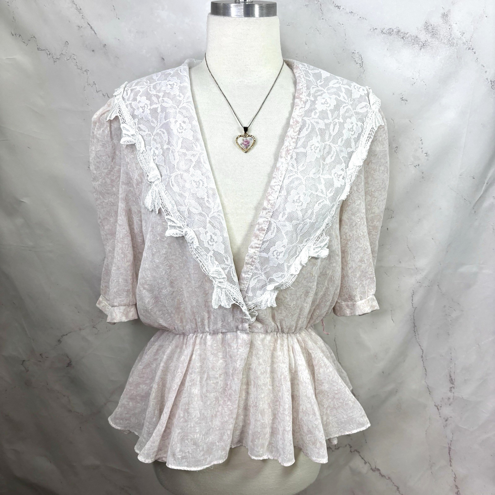 Vtg 70s Blouse Peplum Top Victorian revival Surplice Sailor Collar Cottagecore M