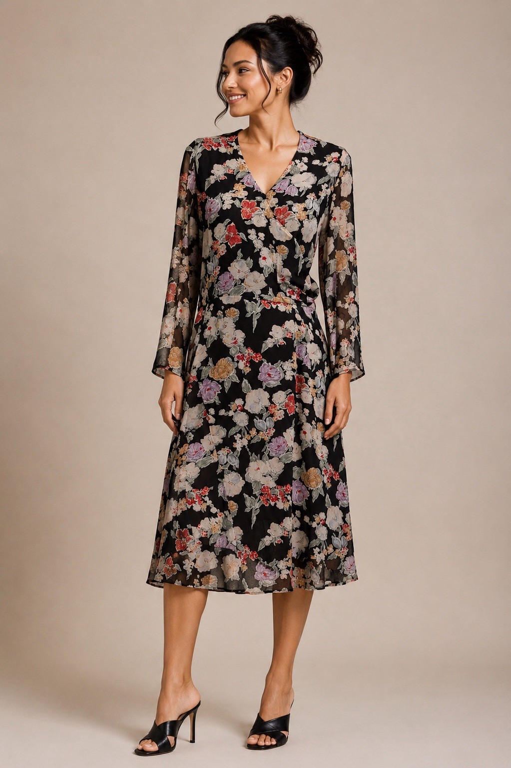 Giorgio ARMANI Le Collezioni Black Floral Faux Wrap Midi Dress Dark Romance Y2K