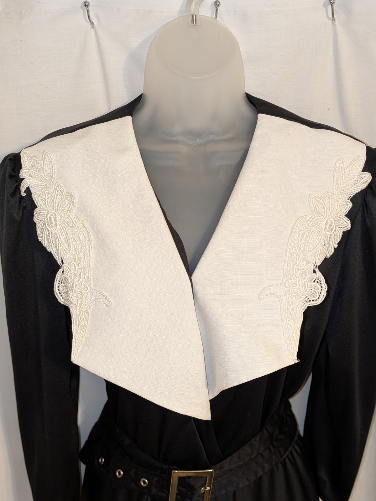 VTG 80s French Maid Style White Lace Baby Collar Wednesday Adams Dress 16P