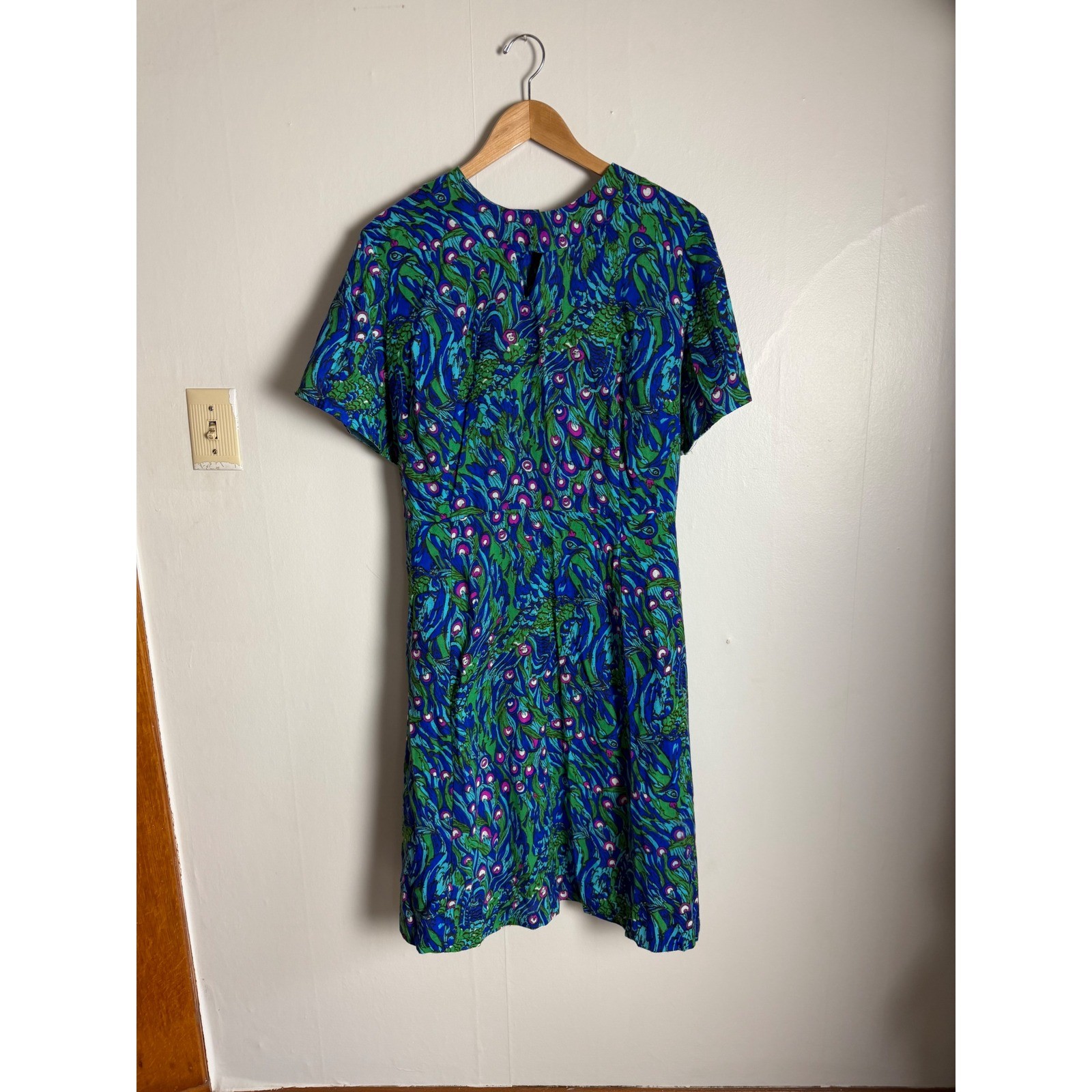 Vintage Psychedelic Peacock Feather Print Midi Dress Blue Green Magenta Retro 14