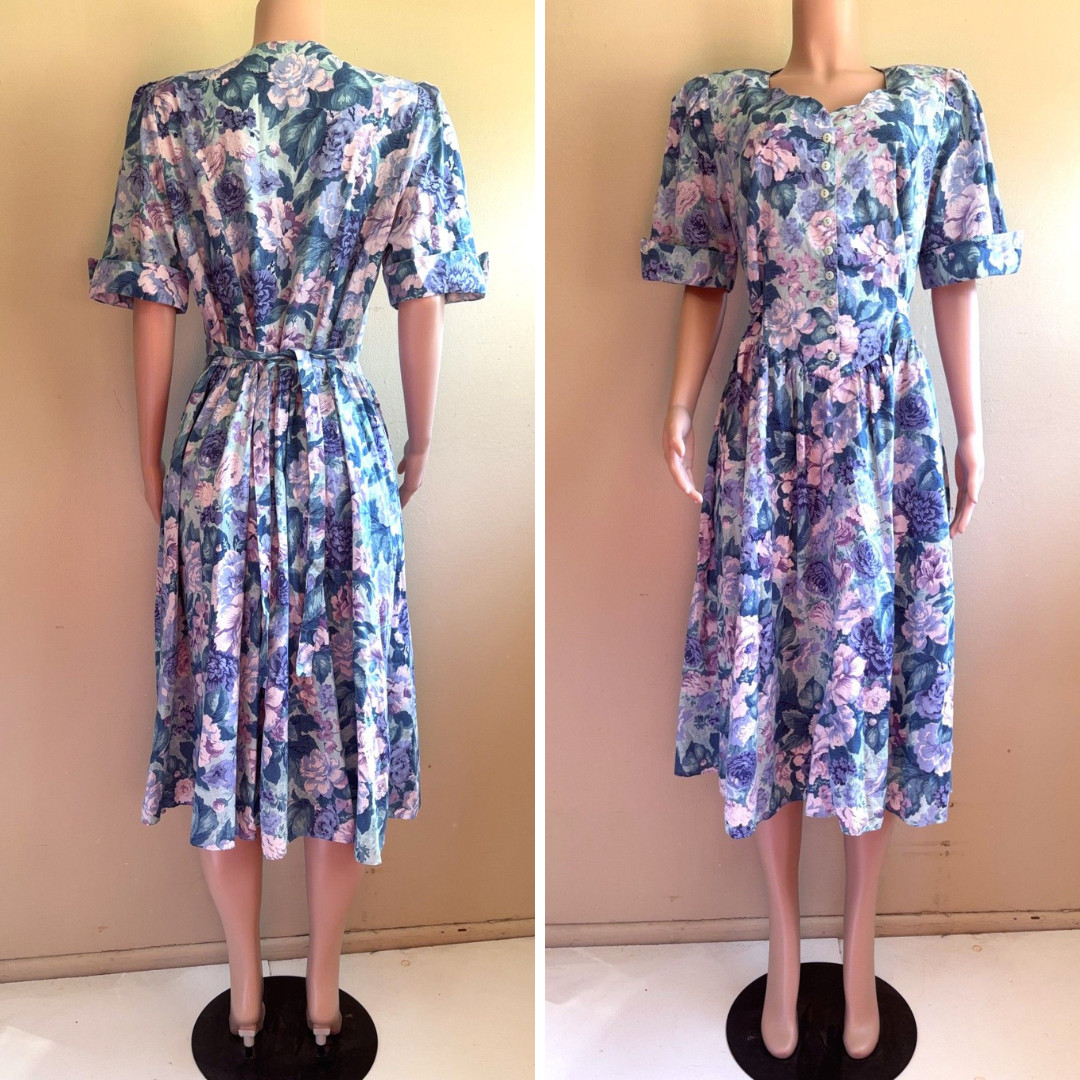 Vintage 80s Country Day Dress XL Button Up Tie Back Retro 40s Pastel Floral