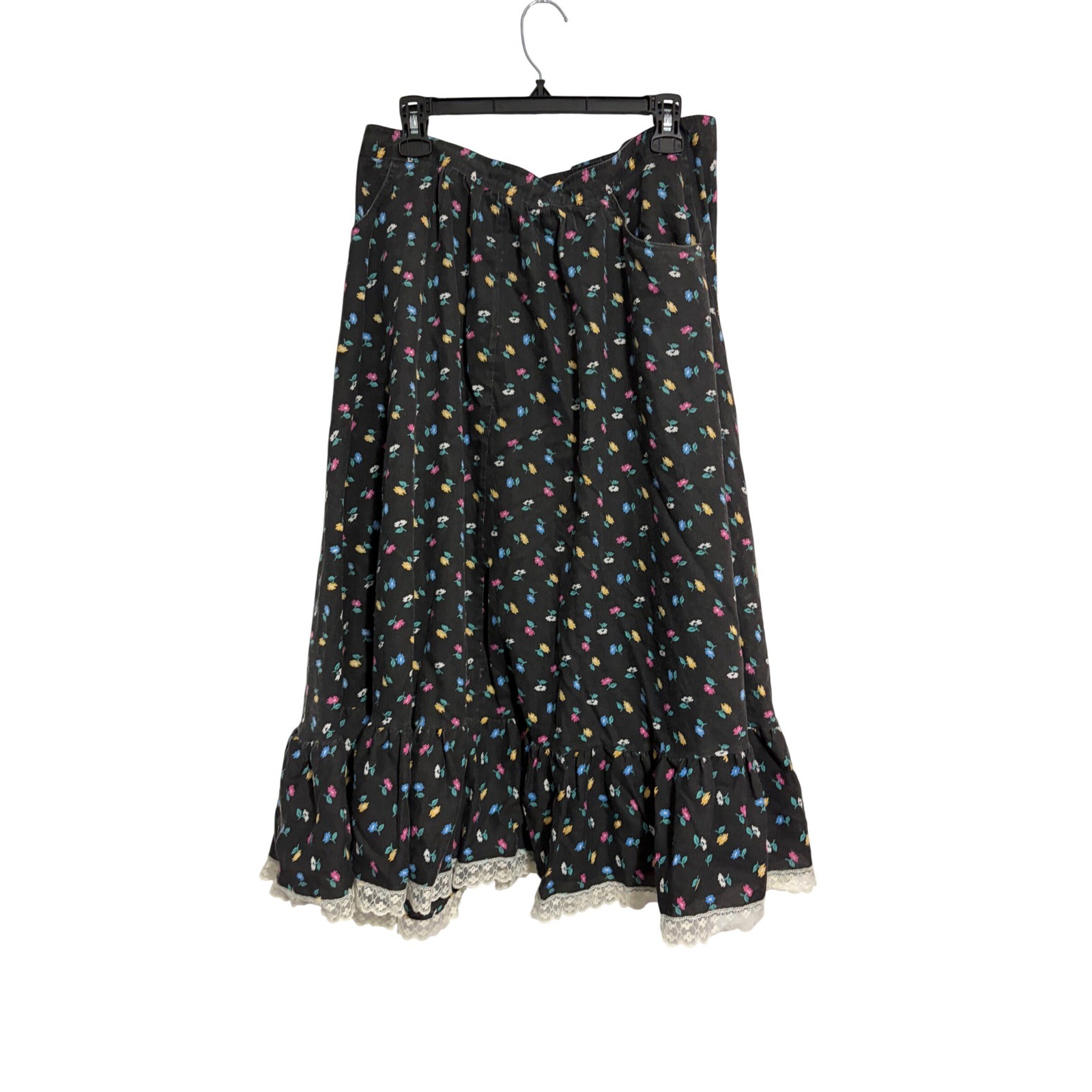 Chequers Midi Skirt Vintage Cottagecore Black Floral Lace Trim Ruffle Hem 30W