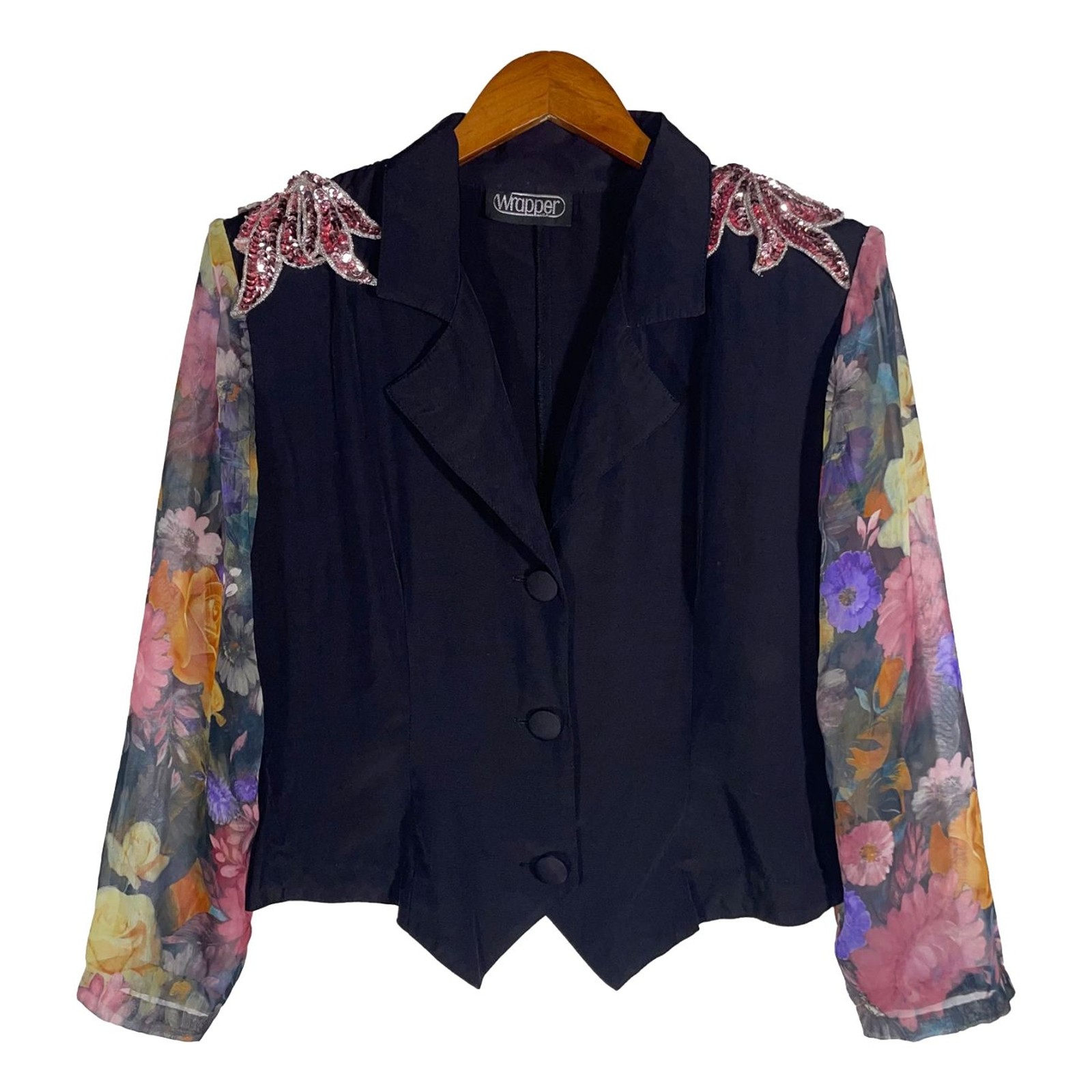 Vintage Pink Sequin Shoulder Floral Sleeve Blazer Black Sheer 80s Wrapper USA