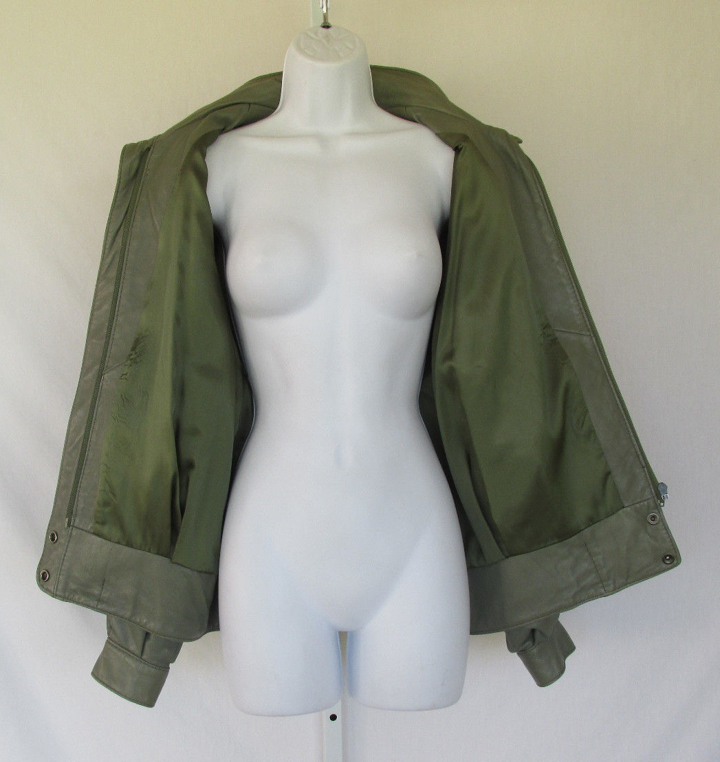 VINTAGE 1980s 90s BAGATELLE LEATHER JACKET GRAY GREEN LAMBSKIN? SIZE 10 LINED
