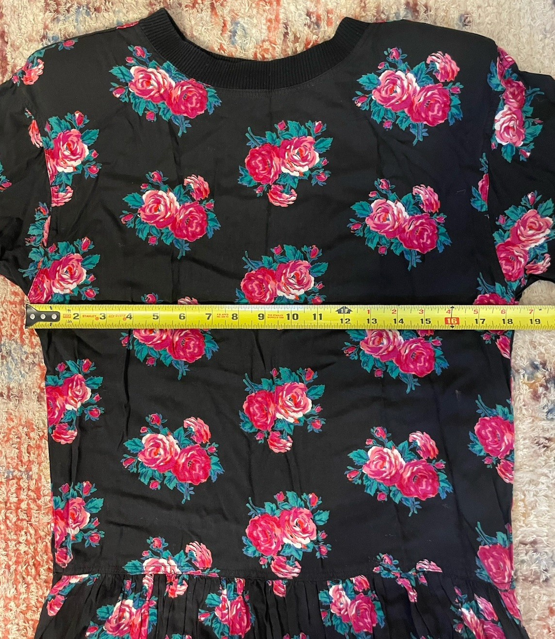 Vintage 80s Peppers Black Pink Rose Print Midi Dress M Rayon Drop Waist LS