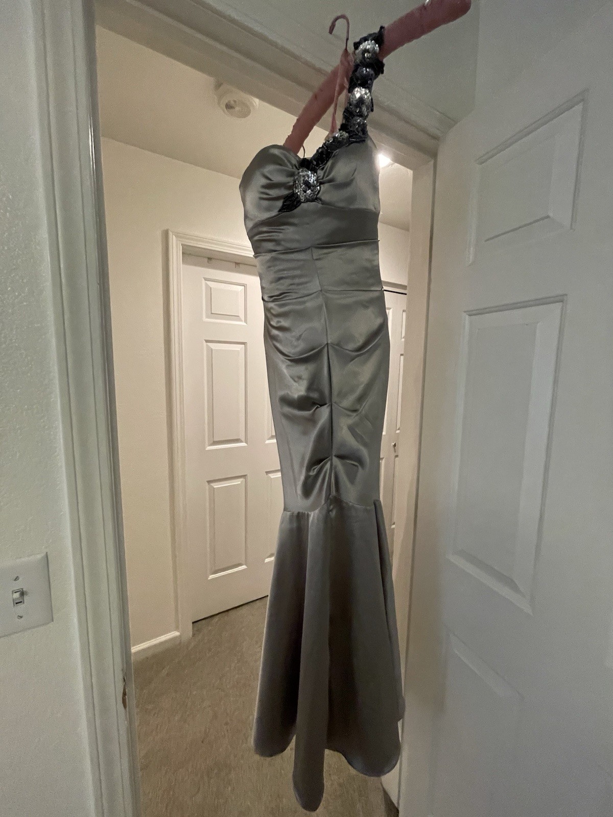 VTG Y2K Blondie Nites Stacy Sklar One Shoulder Mermaid Gown Metallic Silver 3