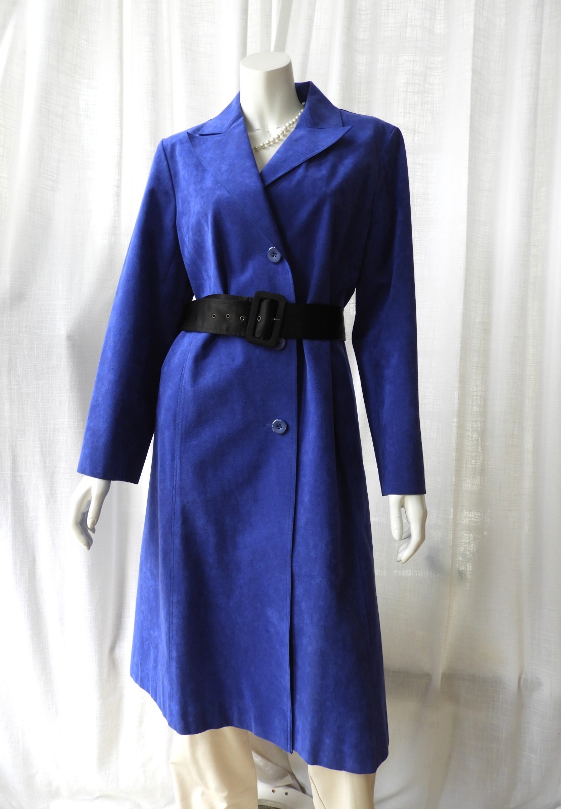 Vtg 1990 s Blue Ultrasuede Duster & Skirt Suit Set Evelyn McGill sz S/M