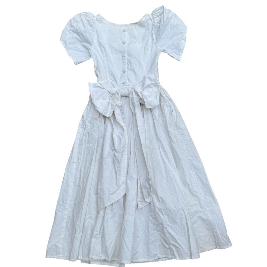 Vintage 1990s Laura Ashey White Cotton Cottagecore Bow Prairie Hippy Dress Sz 8