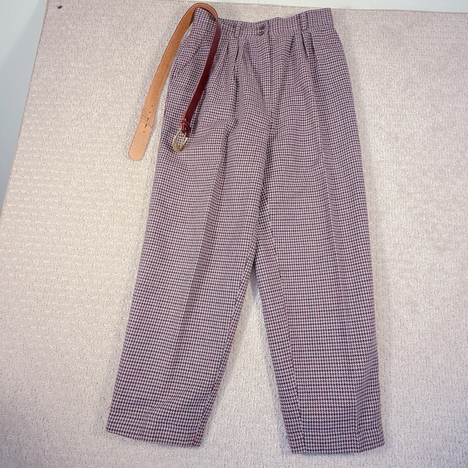 Vintage SK & Company Houndstooth Wool/Poly Pants Women’s Size 12 Belt Pleated