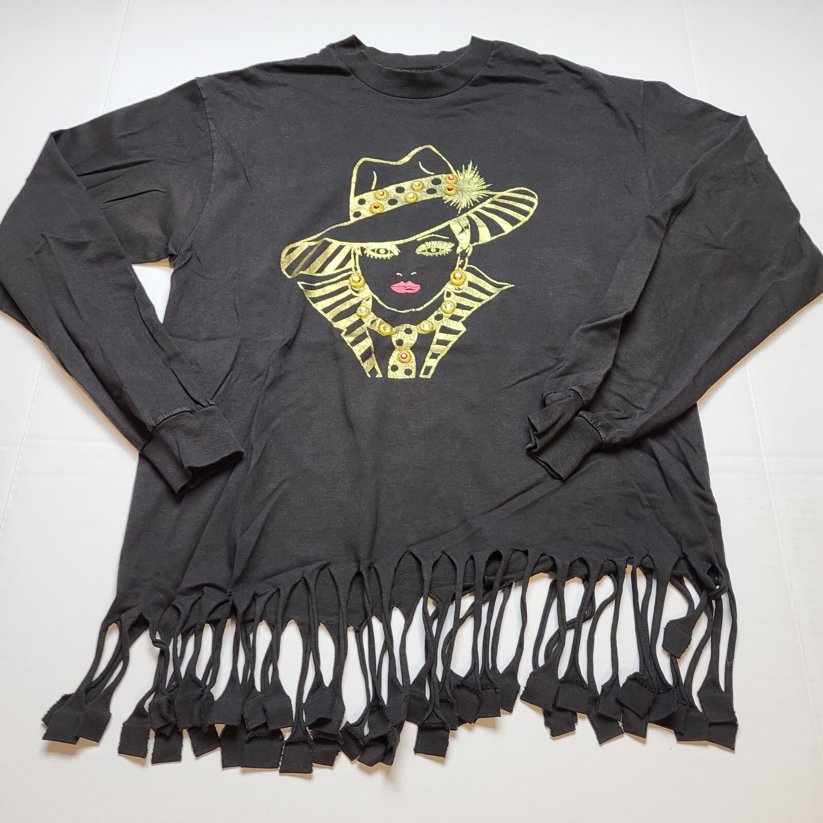 Vtg Elegant Lady T-Shirt Womens M Gems Fancy Long Sleeve Black Gold USA 90s ~46