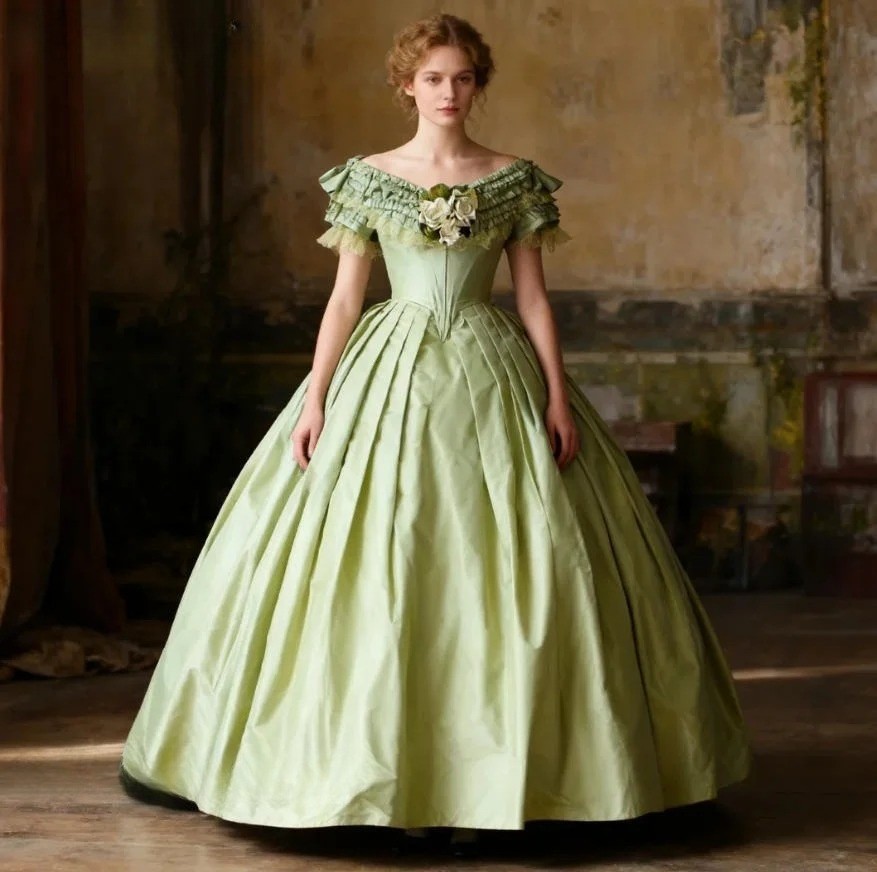 1860s Historical Prom Dress Civil War Lace Short Sleeves Sage Satin Ball Gown