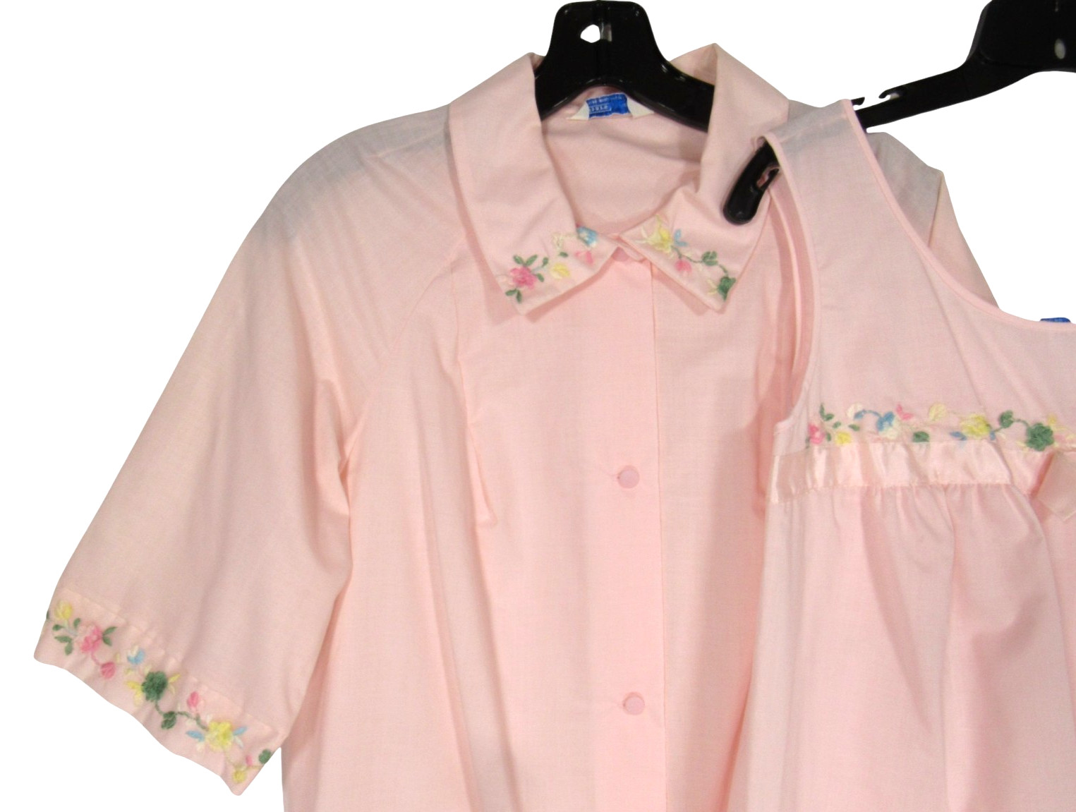 VTG SEARS Pink TWILL Button-Up FLORAL TRIM Lounge ROBE/NIGHTGOWN SET Sz 32/34