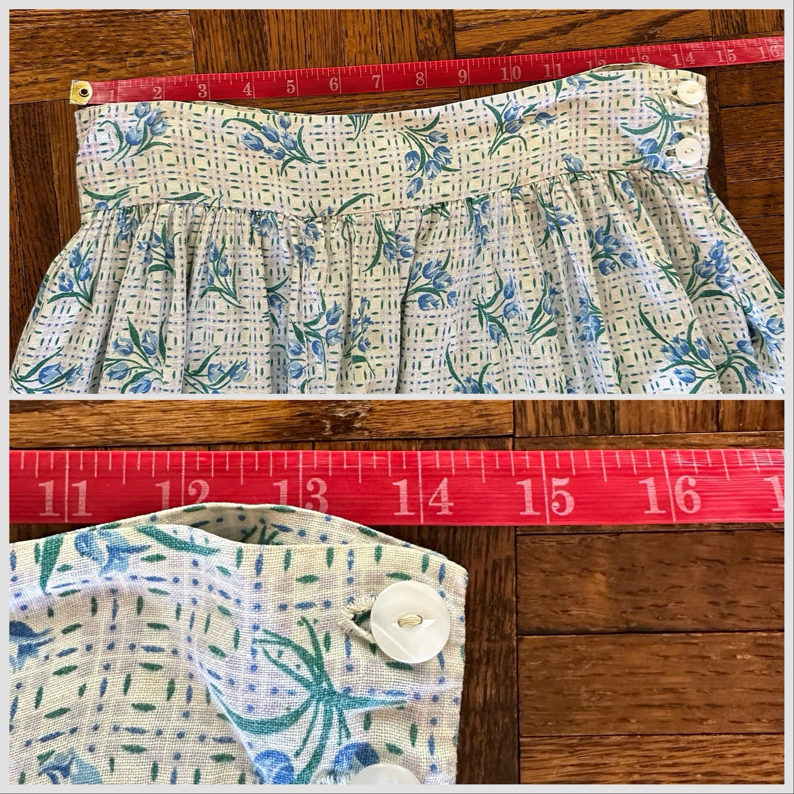 1930s 40s Feed Sack Skirt 28” Waist Blue Floral Tulip Grid Fabric Cotton MOP VTG