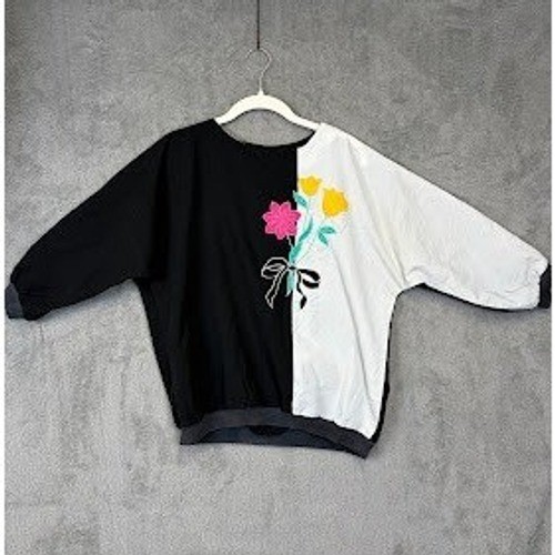 Vintage 80s 90s Colorblock Floral Blouse Black White Shoulder Pads Large