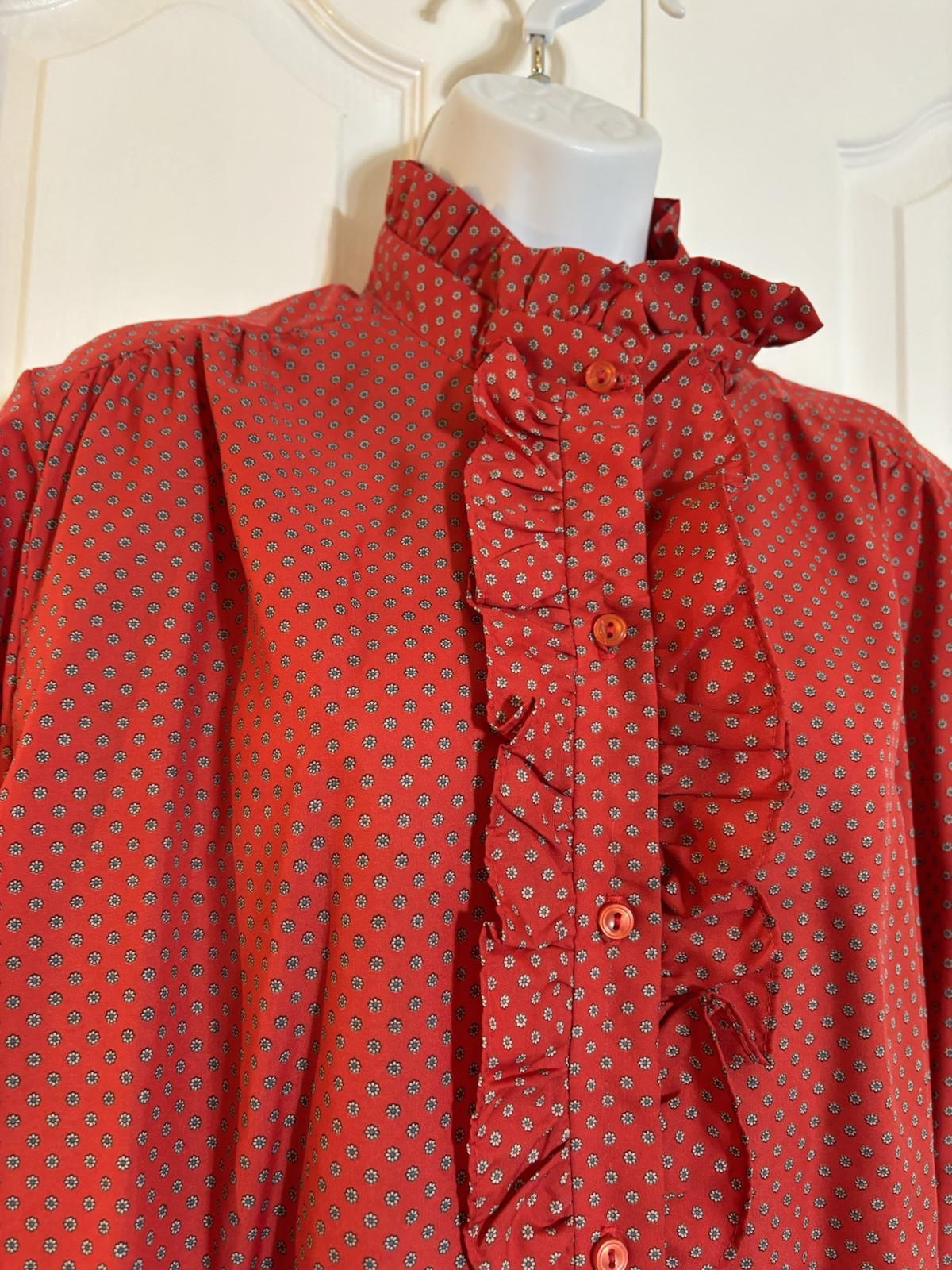 Vintage LEWMAR 1970s Red Floral Ruffled High Neck Blouse Secretary Geek XL