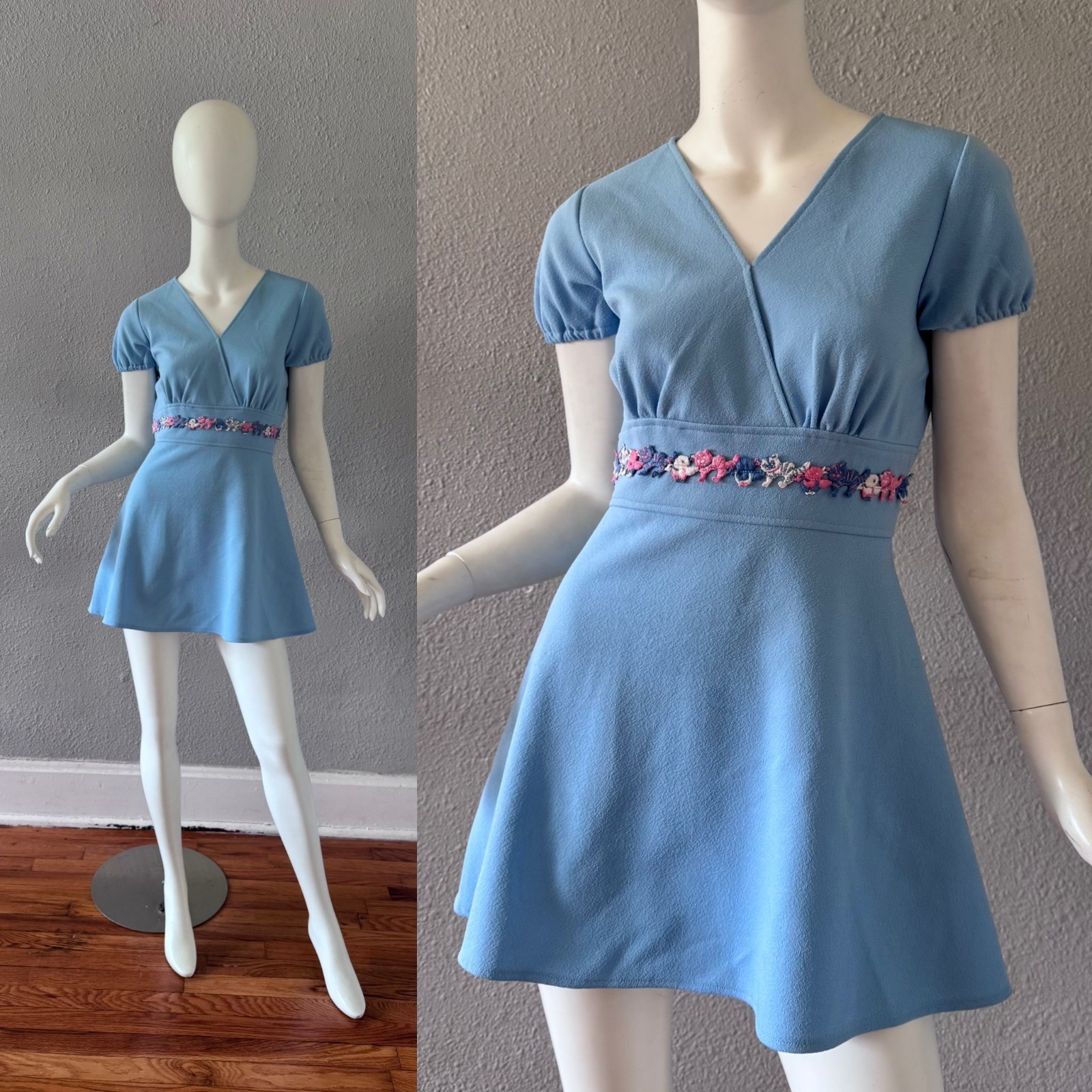 Vintage 60s Blue Mod Go-Go Babydoll Micro Mini Dress M
