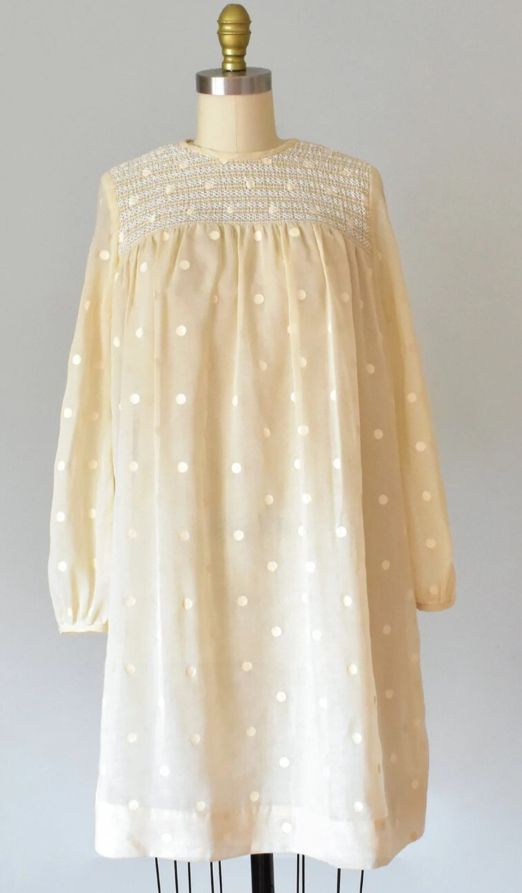 1960s Designer Helen Whiting Linen Polka Dot Trapeze Style Mod Baby Doll Dress