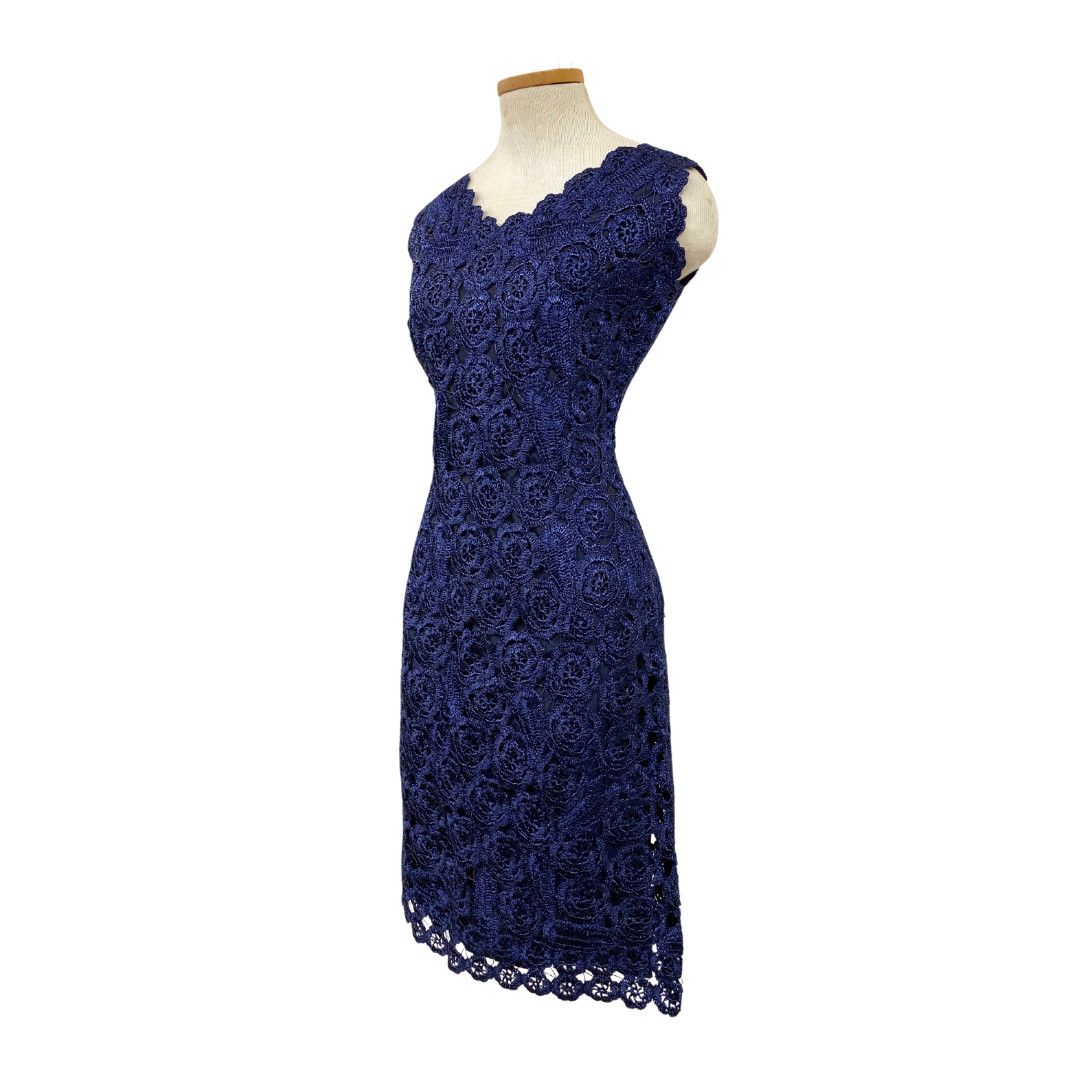 Vtg 40s 50s 1940s Mid Century Bombshell Pin Up Raffia Crochet Navy Wiggle Dress
