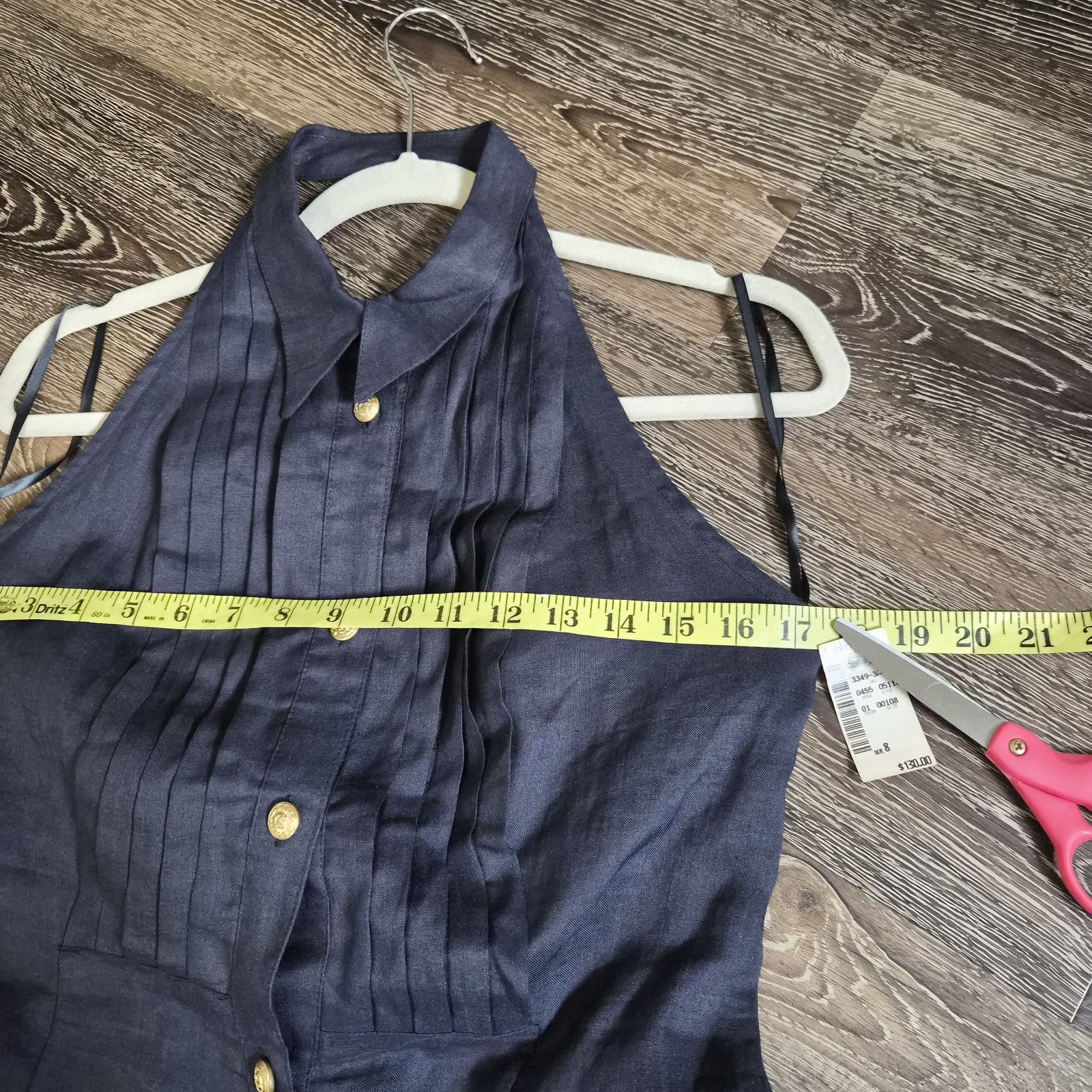 VTG Hulter Tuxedo Linen Dress 8 Navy Pintuck Gold Button 90’s Old money Minimal