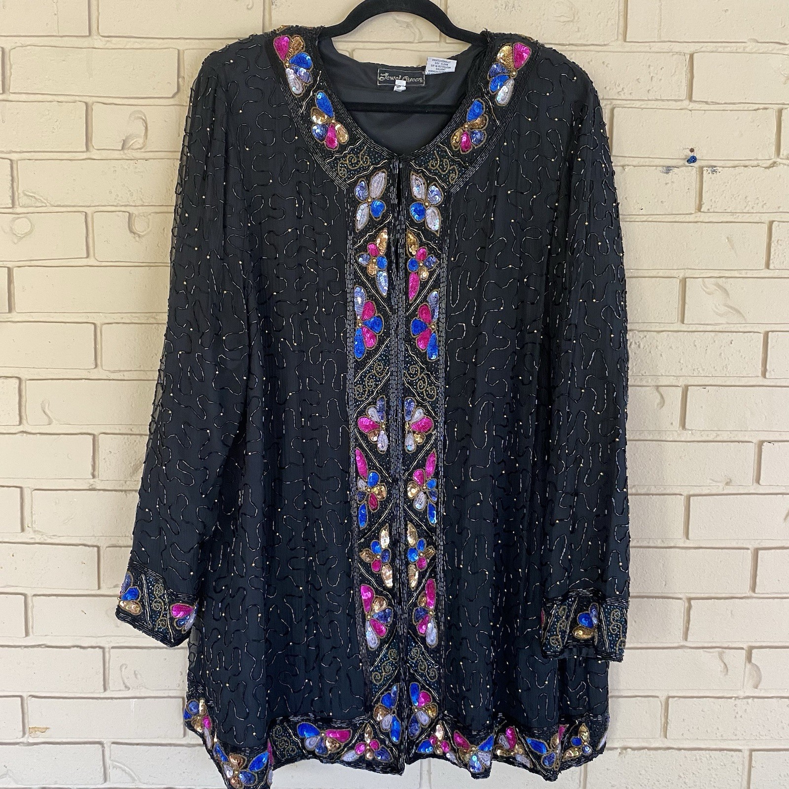 Vintage Jewel Queen Black Silk Beaded Sequin Jacket 3X Cocktail Party Formal