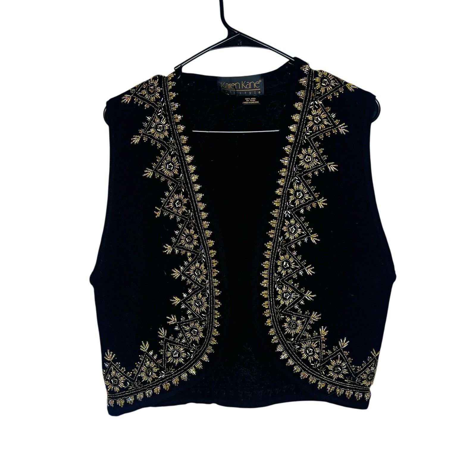 Black Wool Women Vintage Vest w/ Bronze & Silver Embroidered Beading