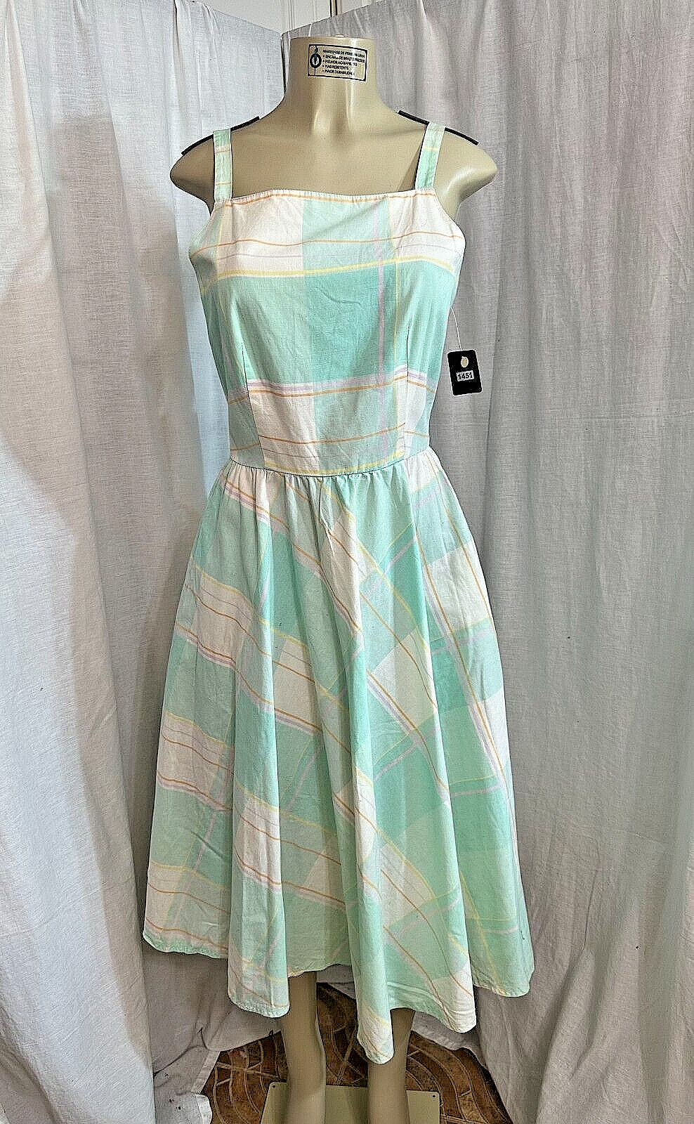 Vintage LANZ 1960’s-1970’s Green Yellow White Cotton Sundress Size S-M #1451
