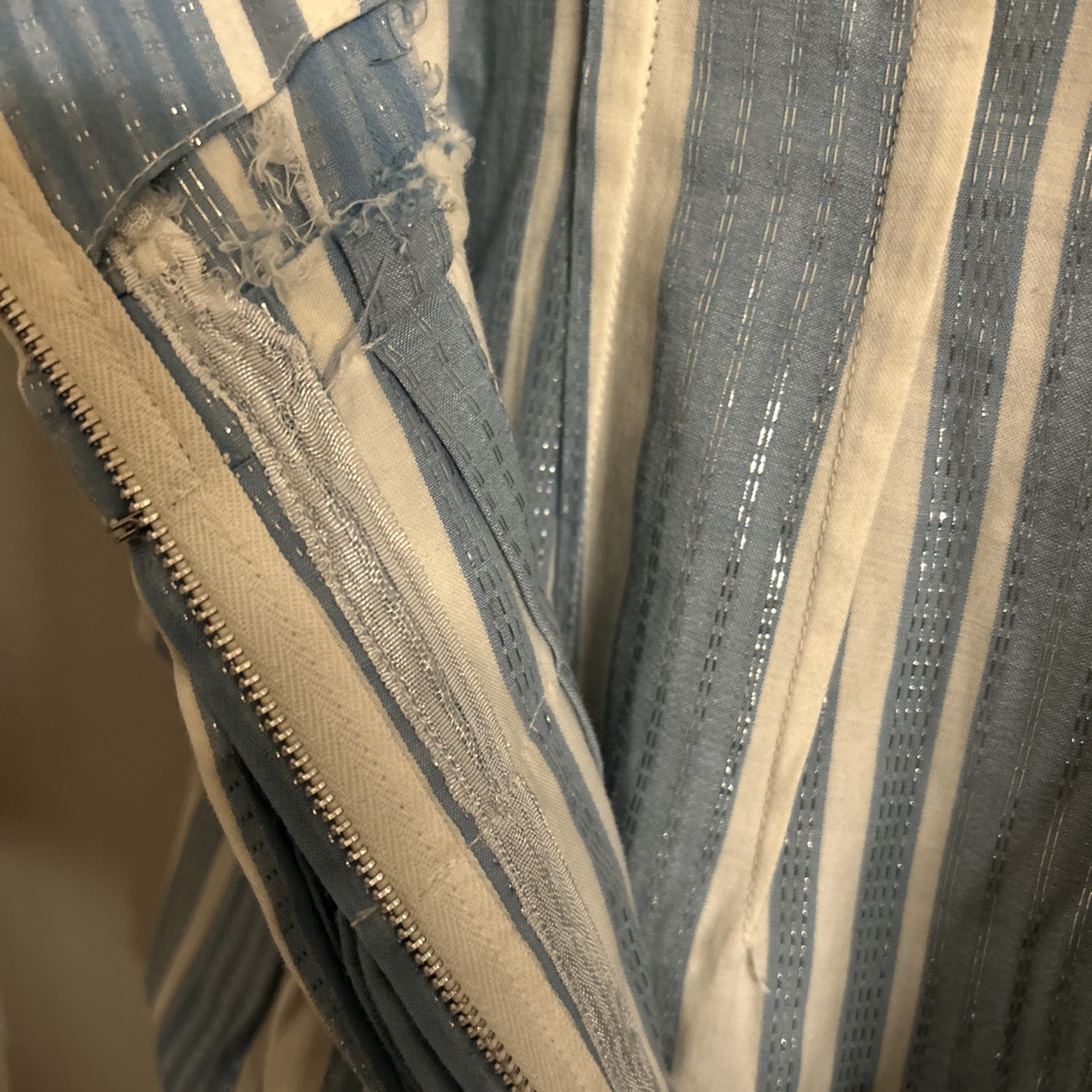 Vtg 50s HOUSE OF NINE California Original Blue and Cream Stripes Ruffled Back Sm
