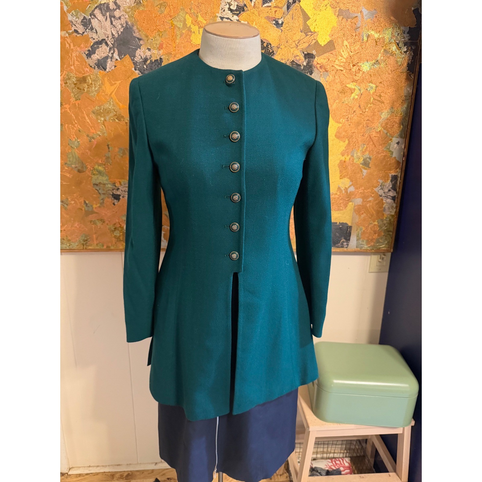 Vintage Herbert Grossman Cynthia Sobel Green Wool Longline Jacket Coat Size M