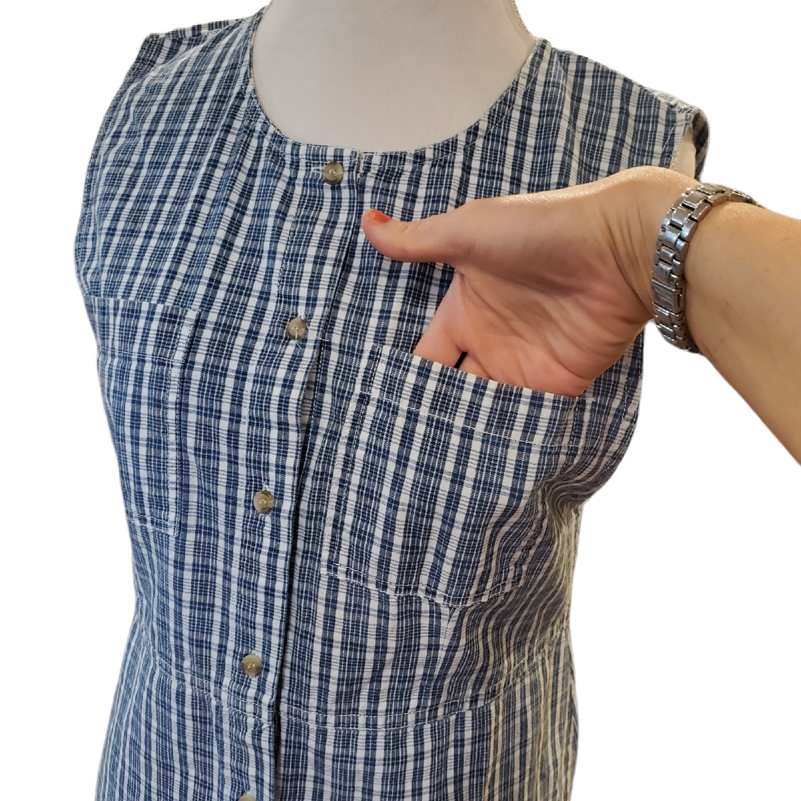 Vintage 90s M/L Blue Plaid Maxi Pinafore Shirt Dress Pockets Sleeveless