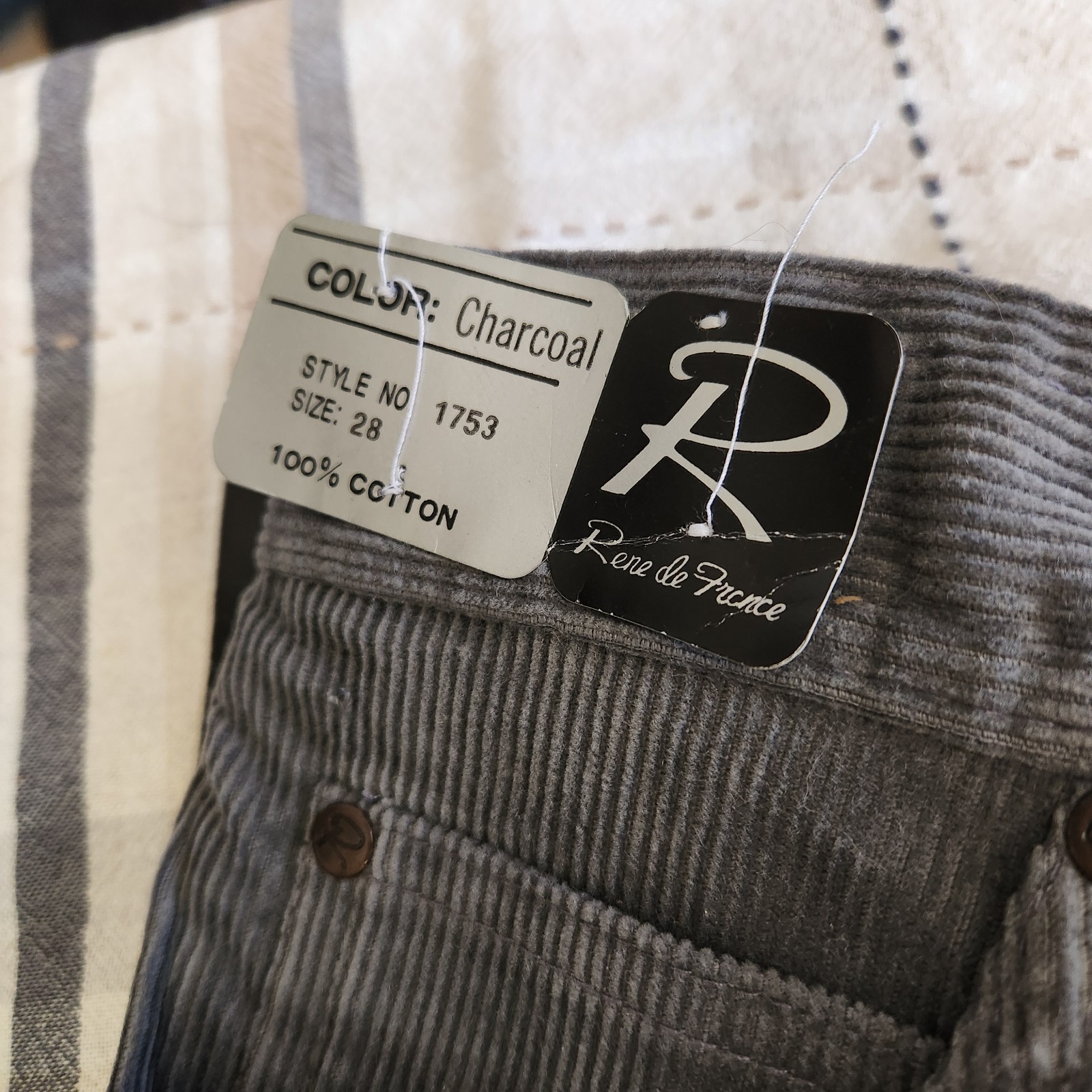 NWT Vintage Rene De France Corduroy Pants Charcoal Gray 80s Waist 28 Style #1753