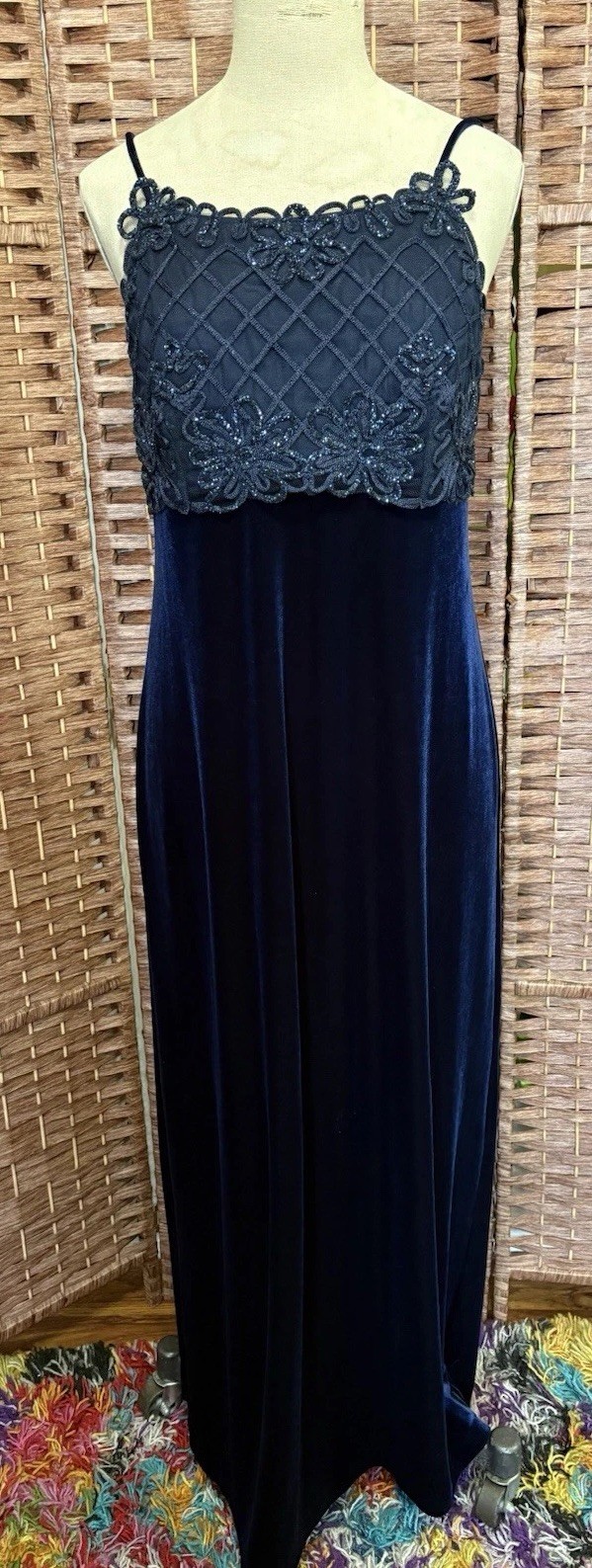 Vintage 90s Y2K Fairy Core Whimsy Velvet Glitter Navy Dress Prom Gown 12