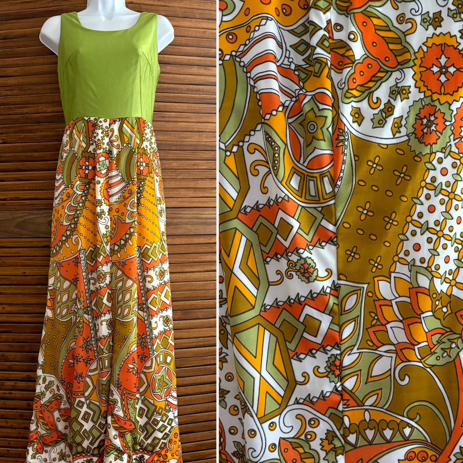 Vintage MOD Print Maxi Dress Size Small, 1970’s Retro Hippie Psychedelic Dress