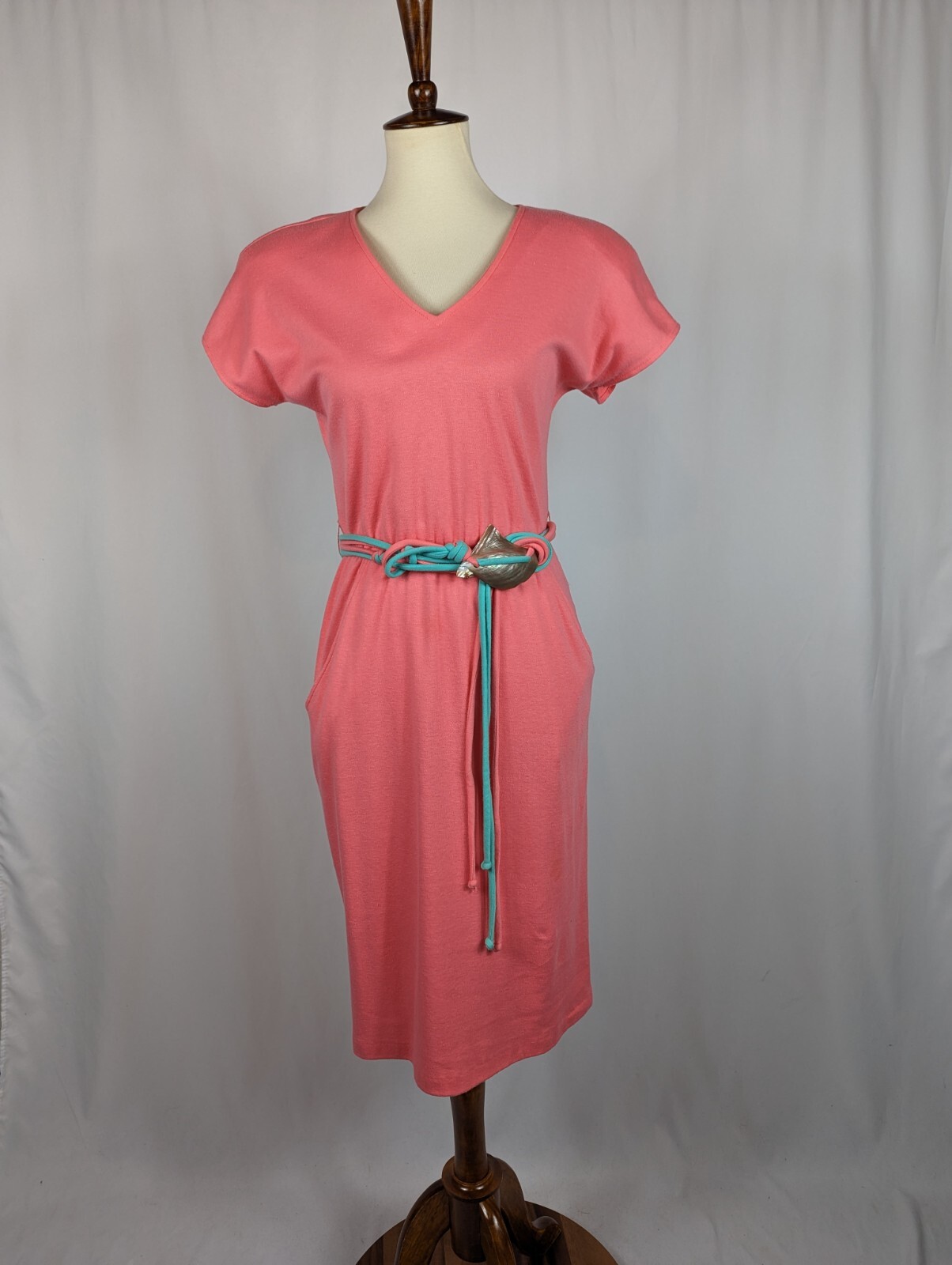 Toni Todd Vintage Sheath Dress 80s Peach Pink Shell Belt Pockets Womens Sz 8