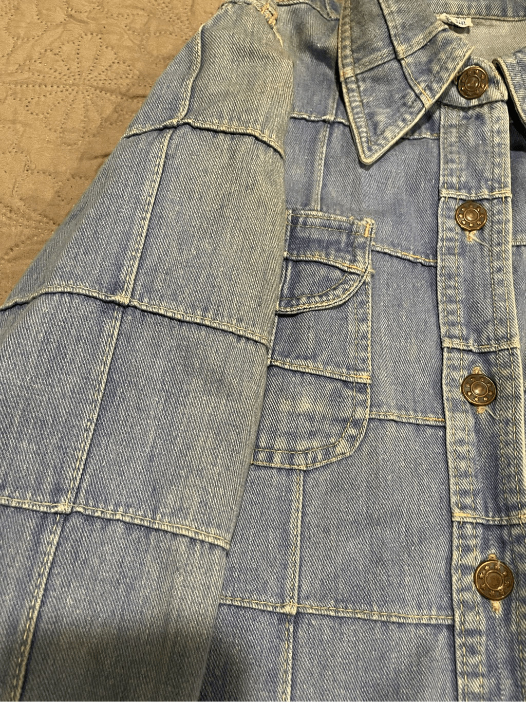 Vintage 1970s Patchwork Denim Cotton Button Up Shirt Lapels 9/10
