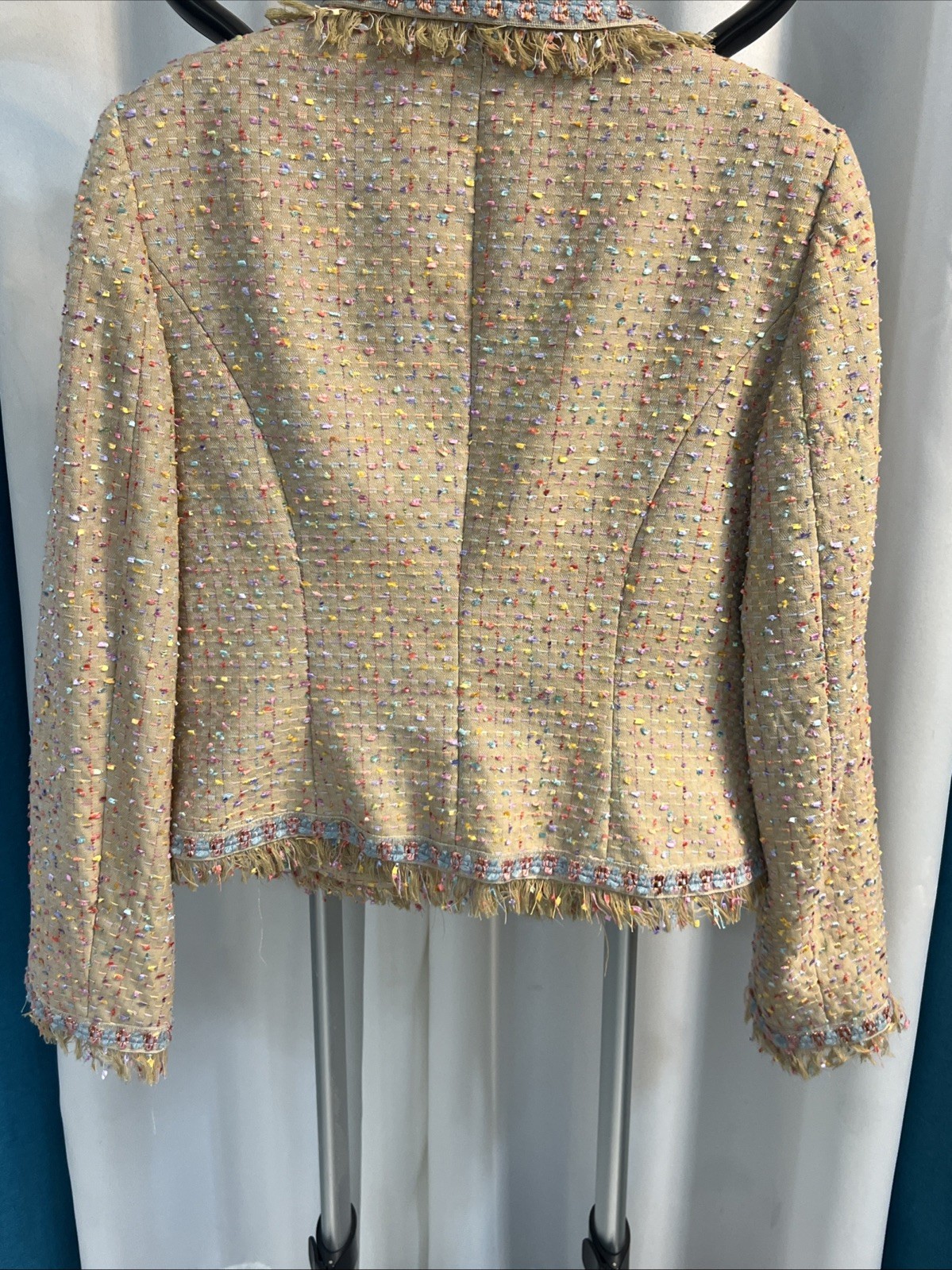 VTG Bergamo Studio Beige Blazer Jacket w/ Floral Fringe Stitches Sz 6 Small S