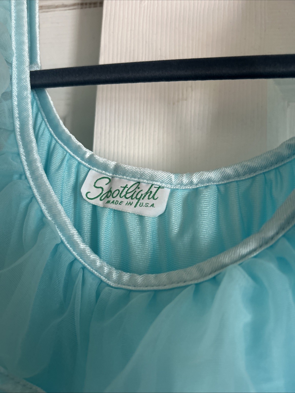 Vintage Spotlight M Nightgown USA Sheer Ruffled Neck W/Bow Ruffled Hem Icy Blue