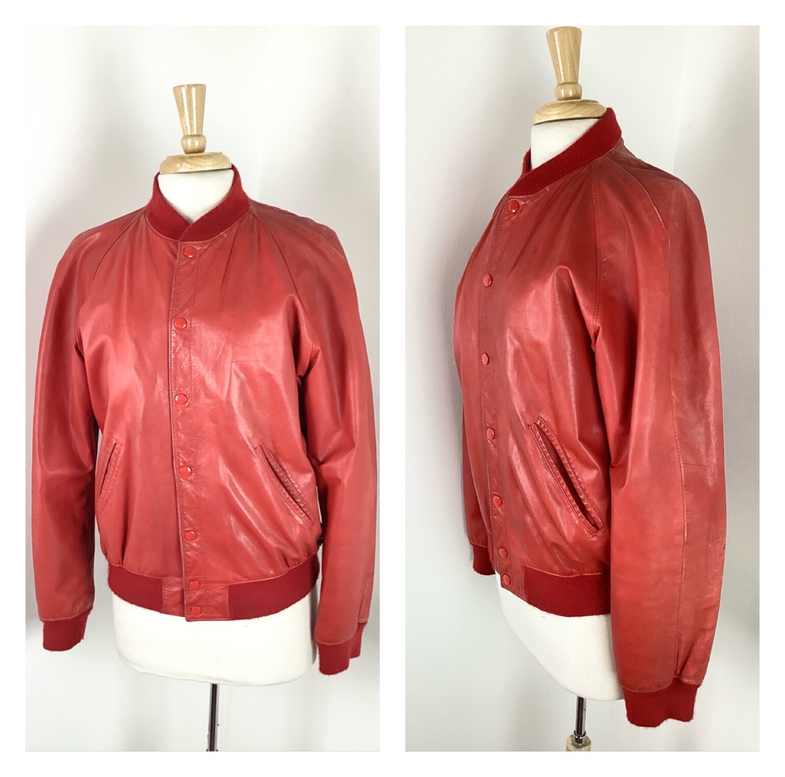 Vintage 1980s Distressed Red Pleather Bomber Jacket By Wilkes Bashford