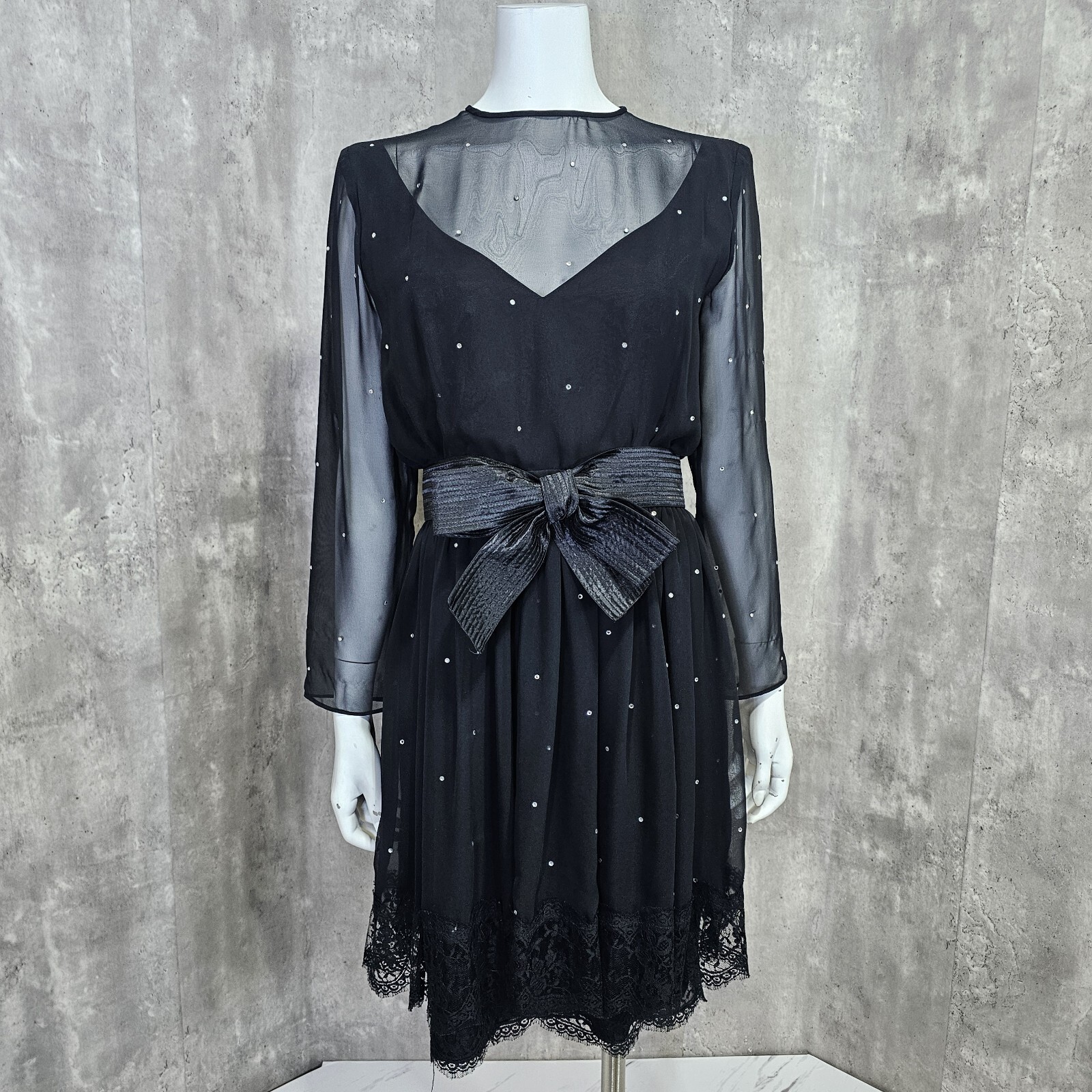 Vintage 80s Henri Bendel Liancarlo Illusion Neckline & Sleeves Black Dress Bow