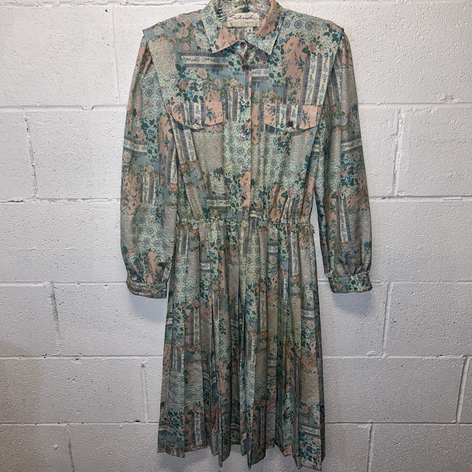 VTG Schrader Petite Cottagecore Pastel Floral Long Sleeve 80s Dress Size 8 E3