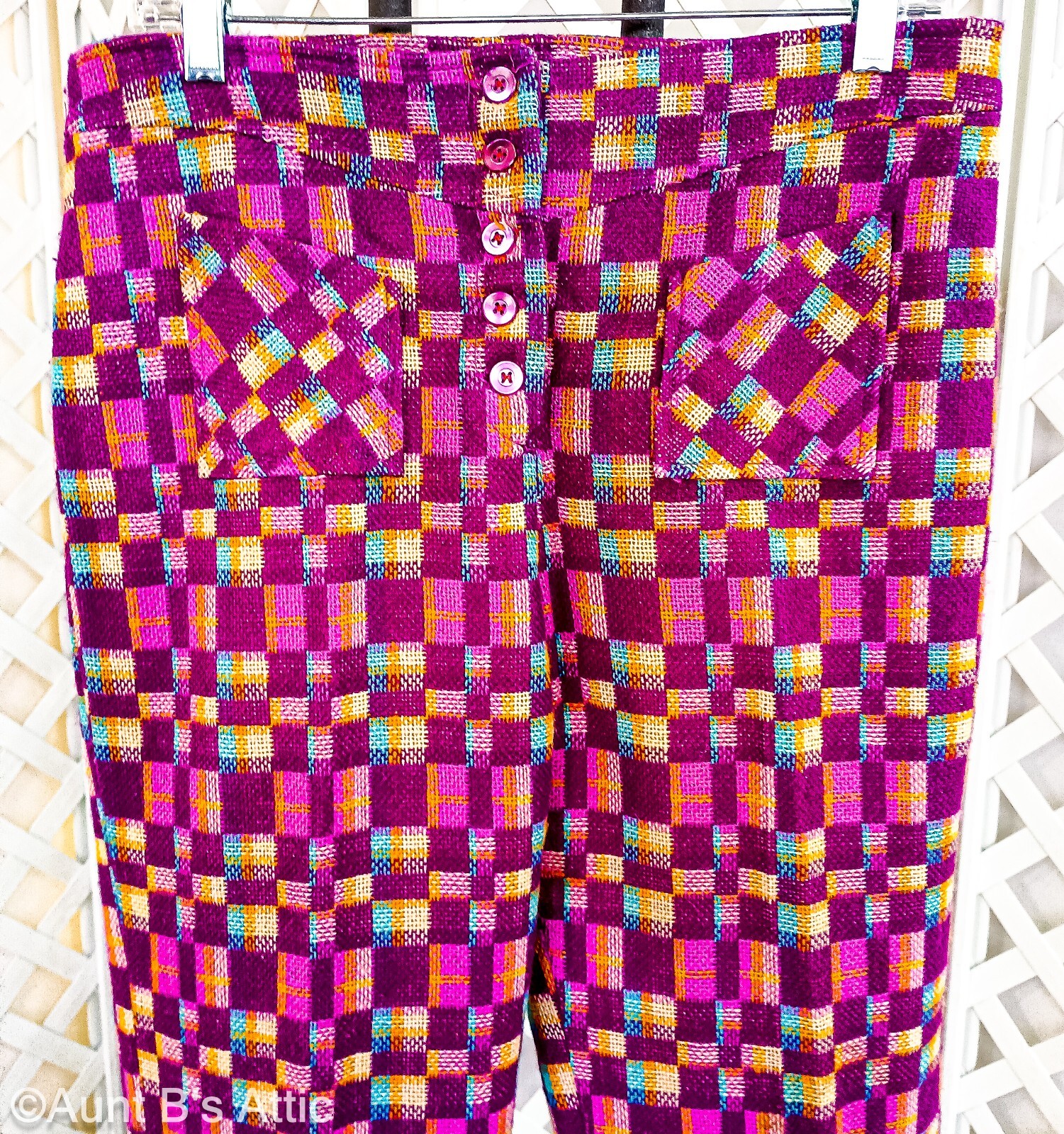 Vtg 60s-70s Raisa Ladies Multi Color Woven Acrylic Plaid Hip Hugger Pants VTG 16