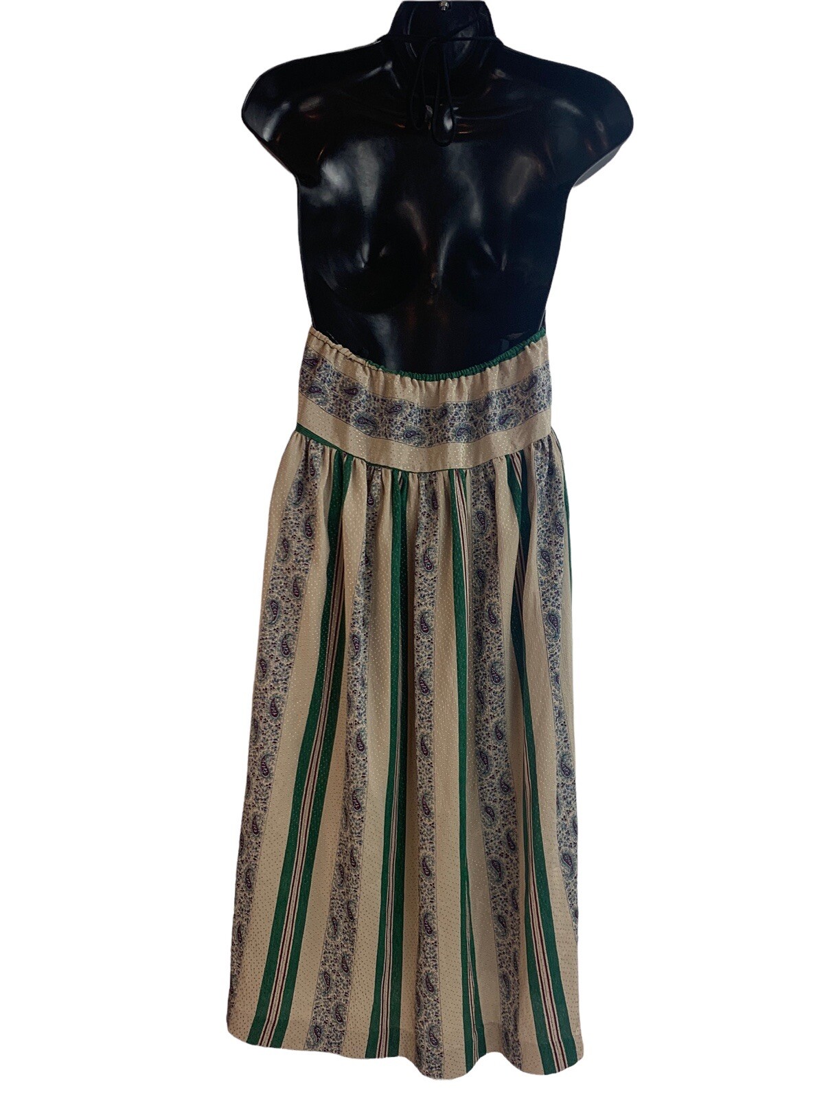 Vtg 70s Bohemian Polyester Dress Deep V Lace Paisley Festival Midi Beige Green s