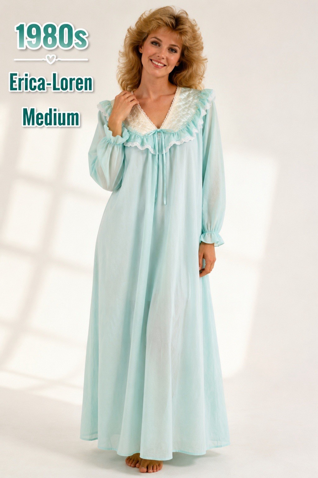 VTG 1980s Erica-Loren Granny Gown Light Mint Green Quilted Yoke Medium