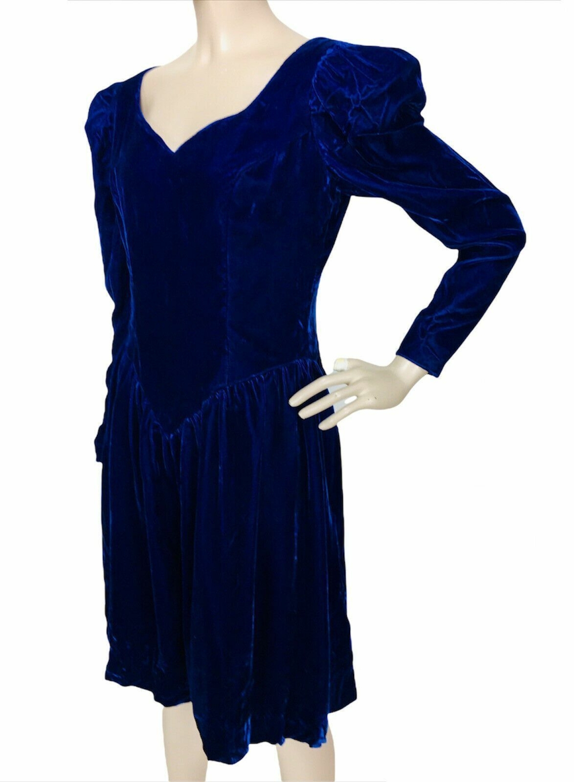 Vintage 70s Blue Jewel Tone Crushed Velvet Puff Sleeve Sheath Dress Medium