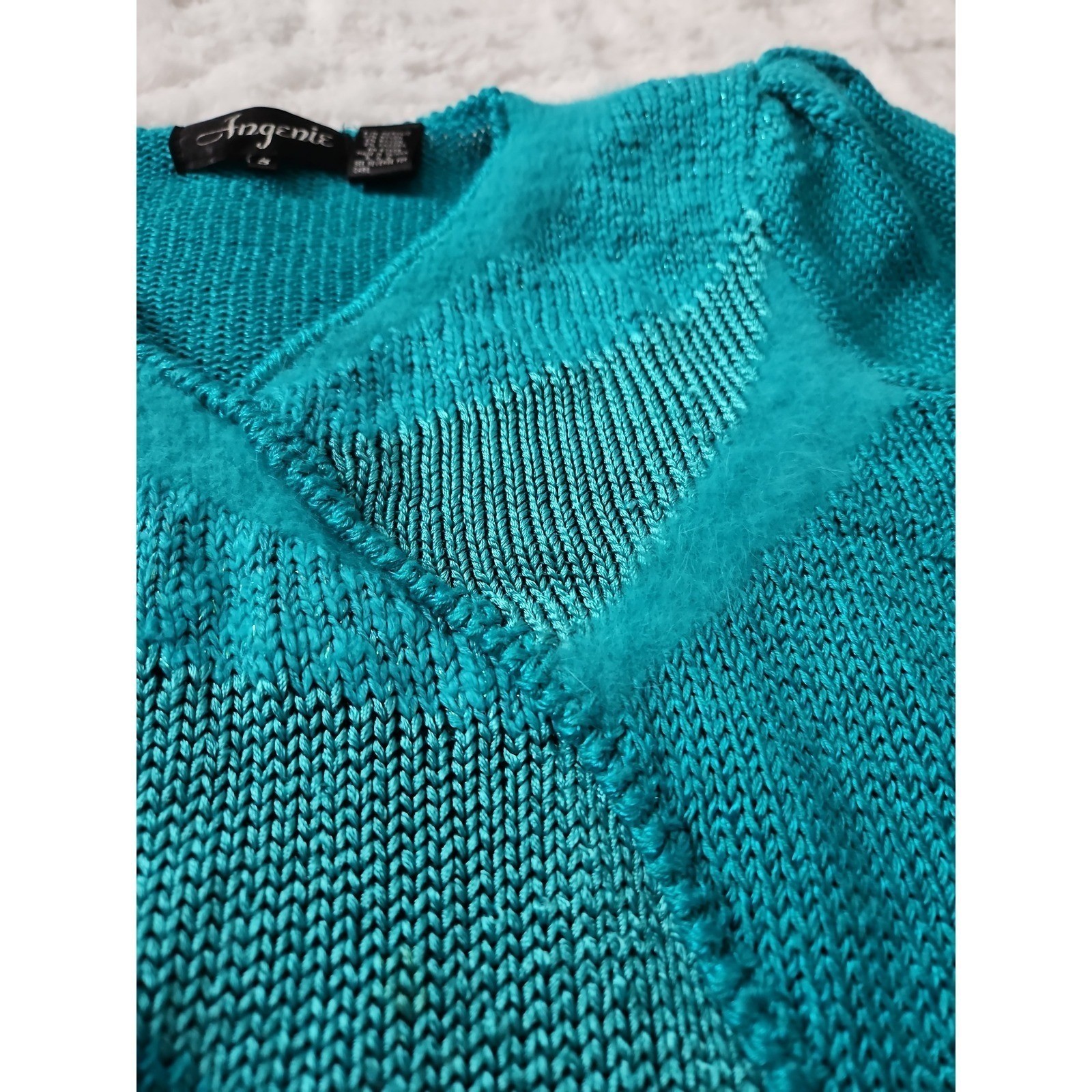 Angenie Sweater Women Small Teal Blue Excellent Vintage 80s V-Neck Angora Blend