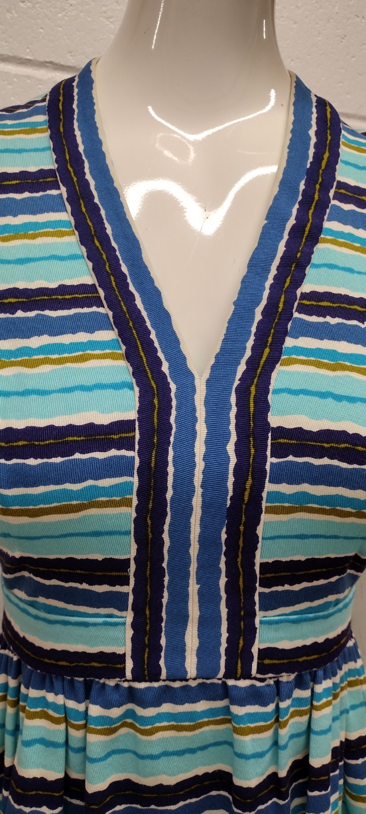 Vintage MCM Papillon Dress Audrey Style Mid Century Stripes Avocado Blue W 24″