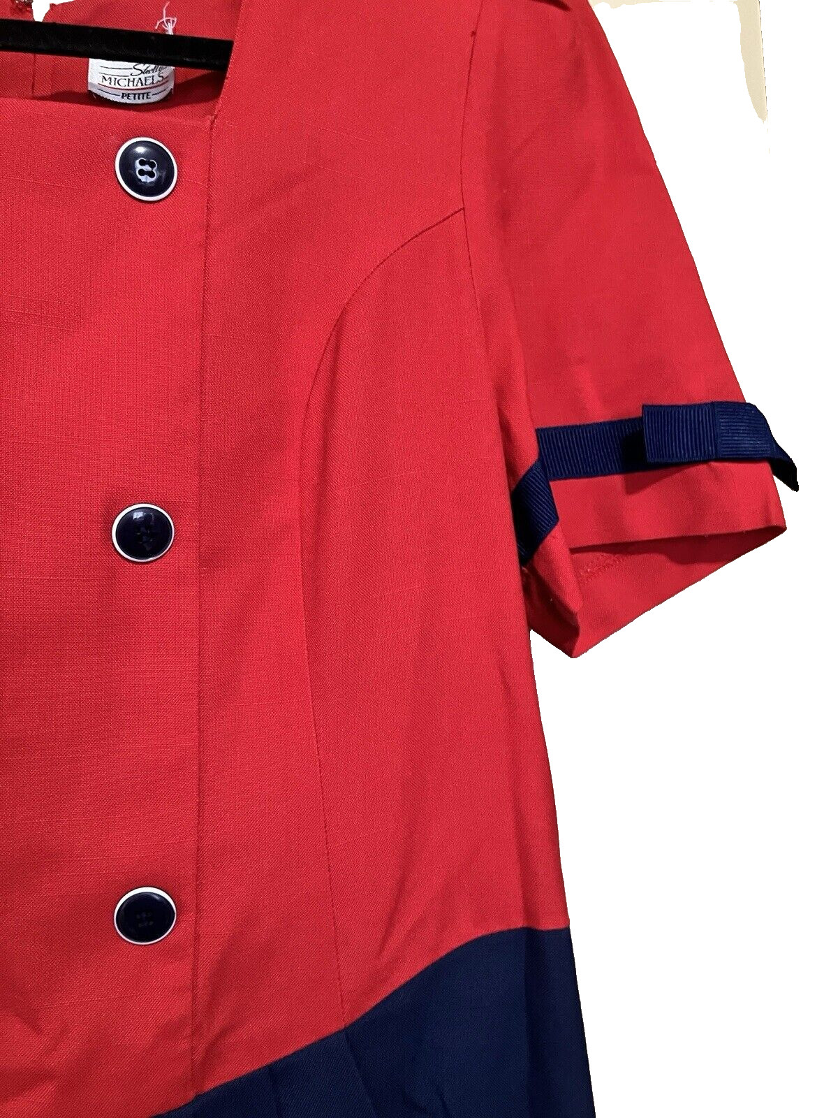 1980s Shelly Michael’s Petites Red Navy Short Sleeve Double Breasted Dress Sz M