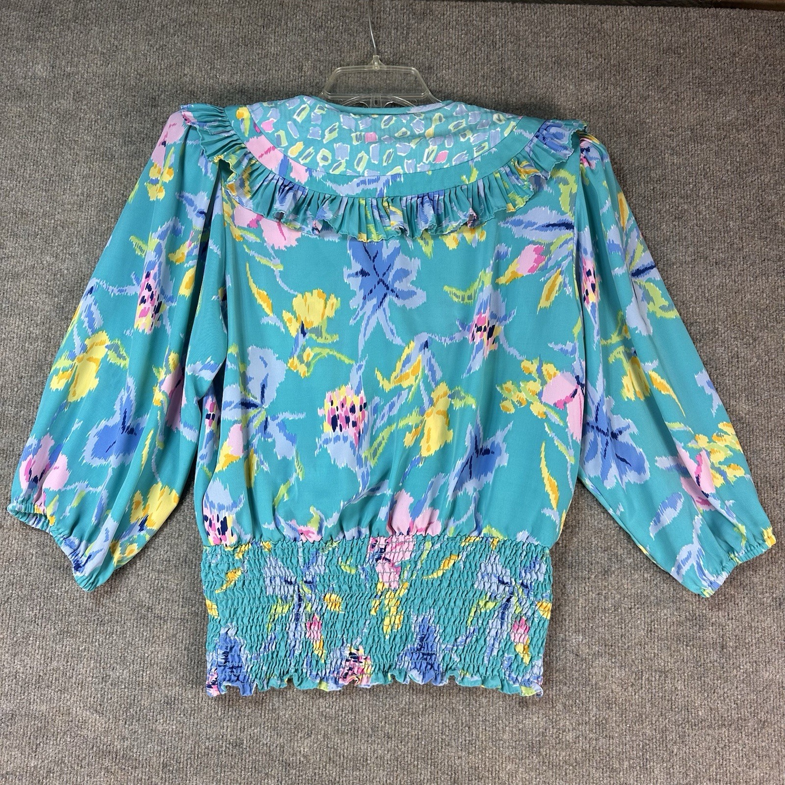 Susan Freis Sz L Blouse Resort Tropical Ruffle Vintage Smocking Floral Resort